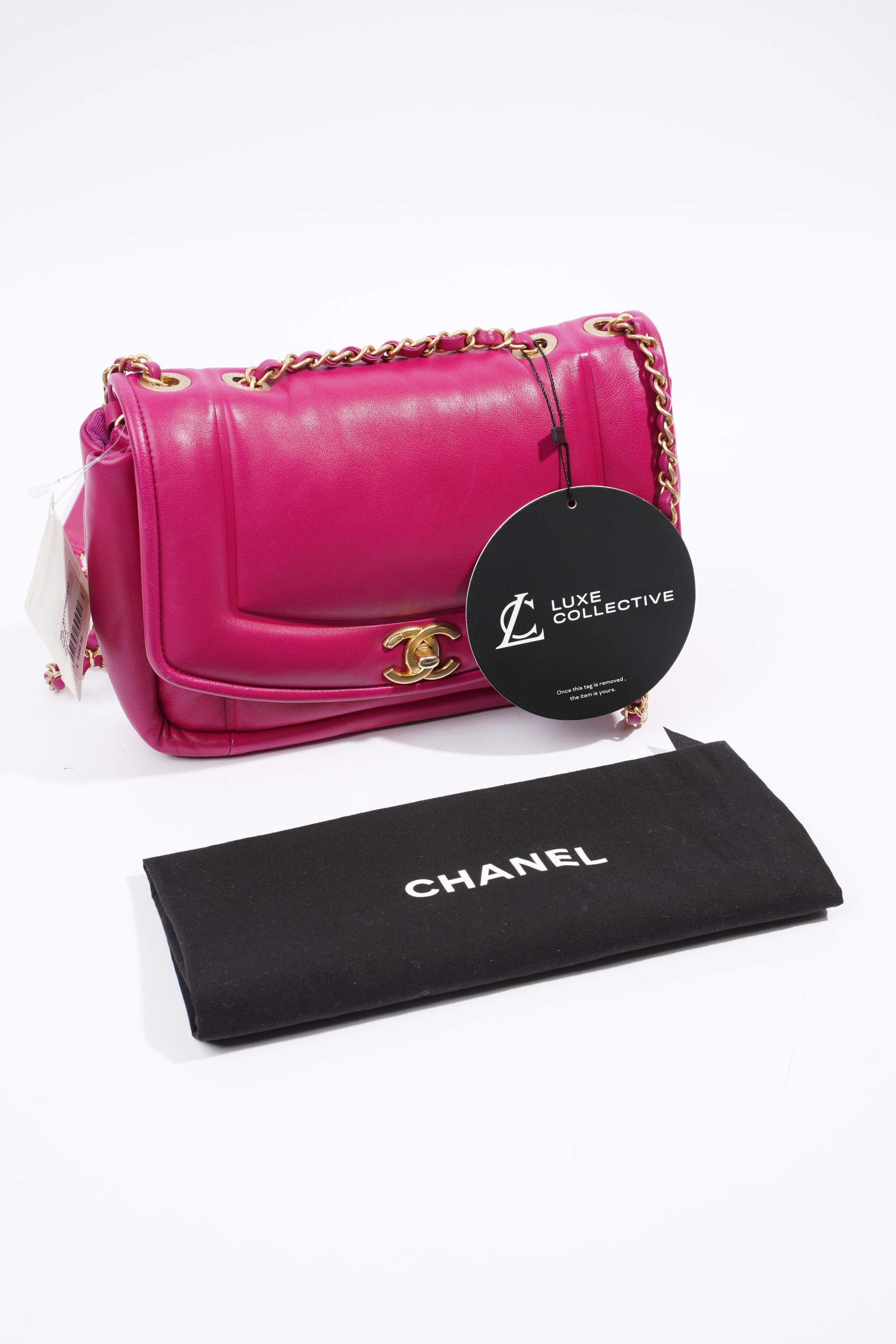 Chanel Border Full Flap  Fuchsia Lambskin Leather Medium