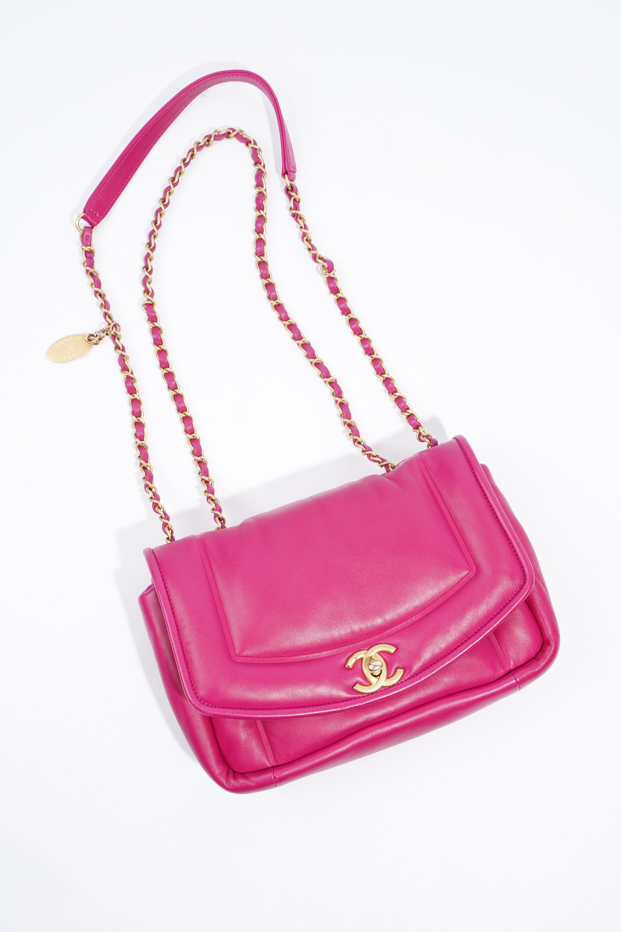 Chanel Border Full Flap  Fuchsia Lambskin Leather Medium