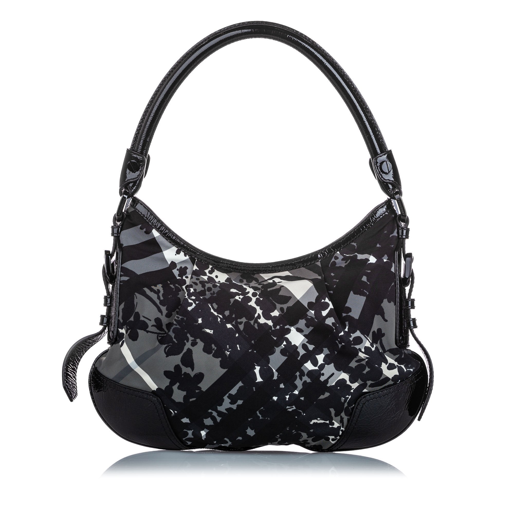 Pre-Loved Burberry Black Nylon Fabric Floral Beat Check Foley Hobo Bag Italy