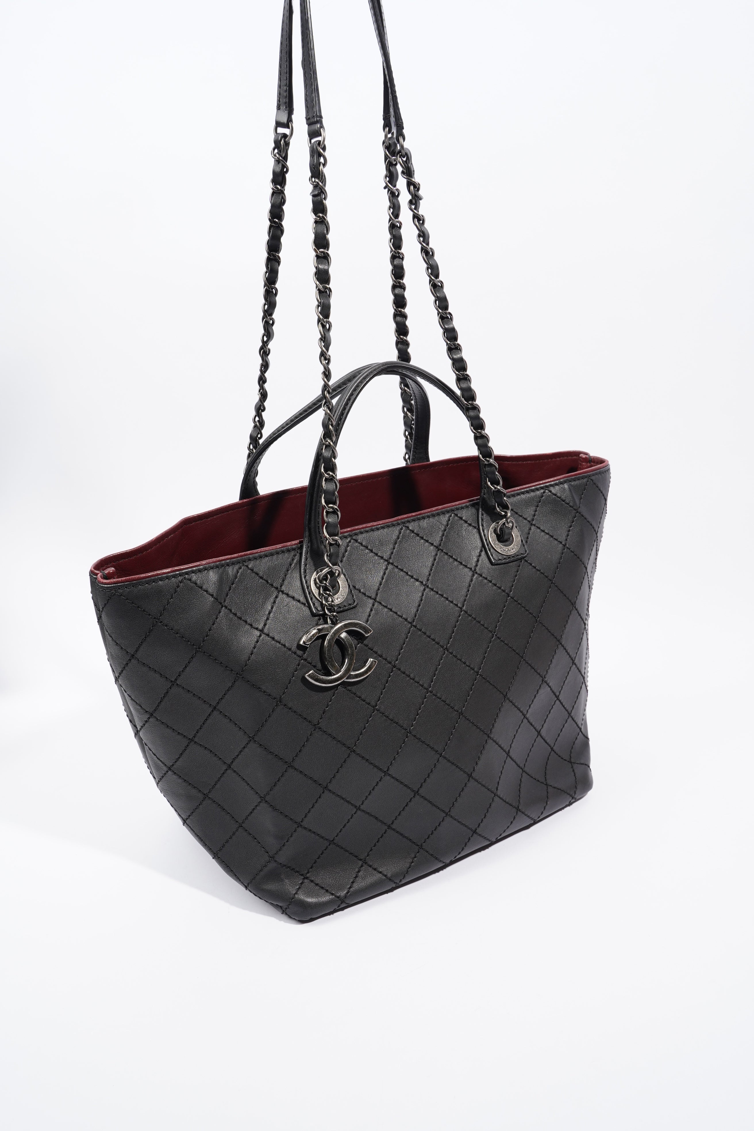 Chanel CC Charm Chain Shopping Tote Black Calfskin Leather Large