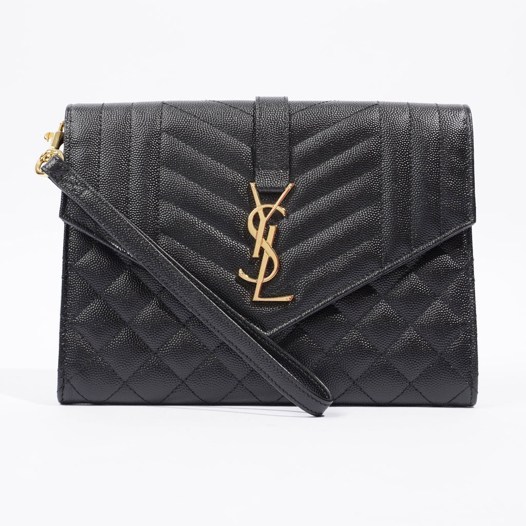 Saint Laurent YSL-Plaque Quilted Pouch Black Grained Leather