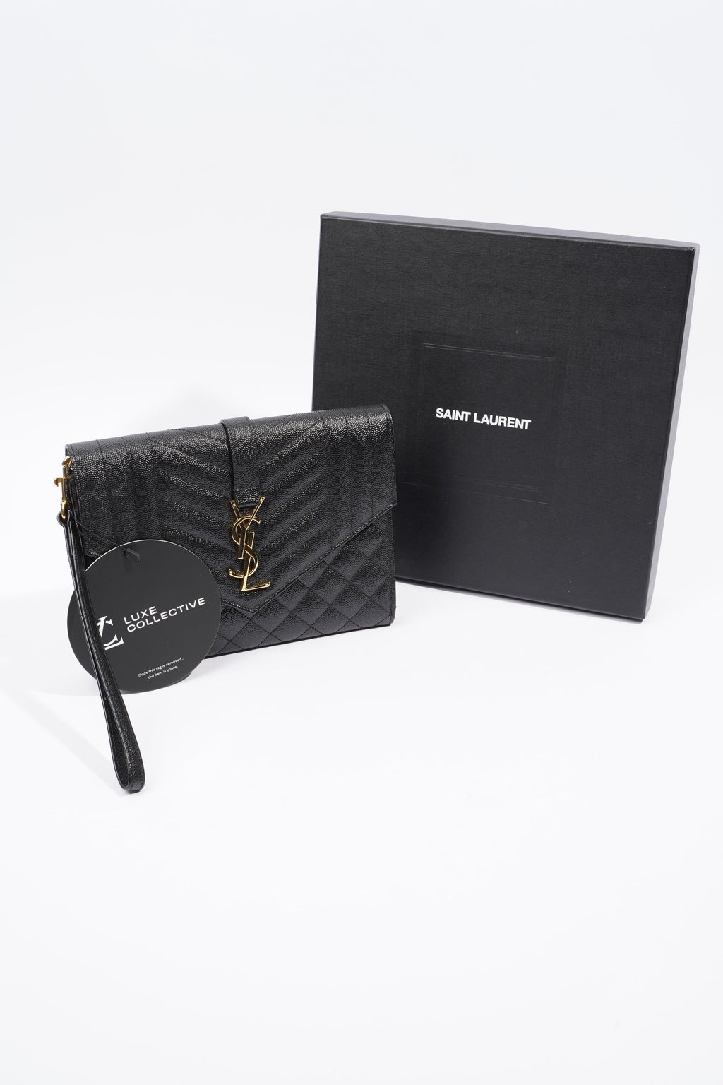 Saint Laurent YSL-Plaque Quilted Pouch Black Grained Leather