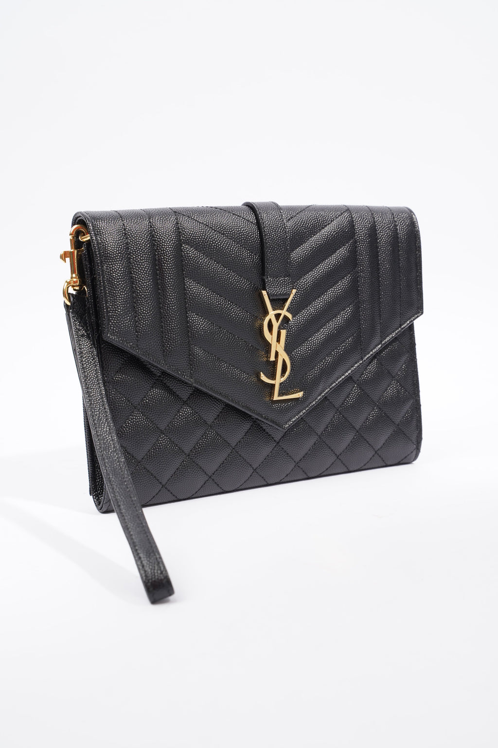 Saint Laurent YSL-Plaque Quilted Pouch Black Grained Leather