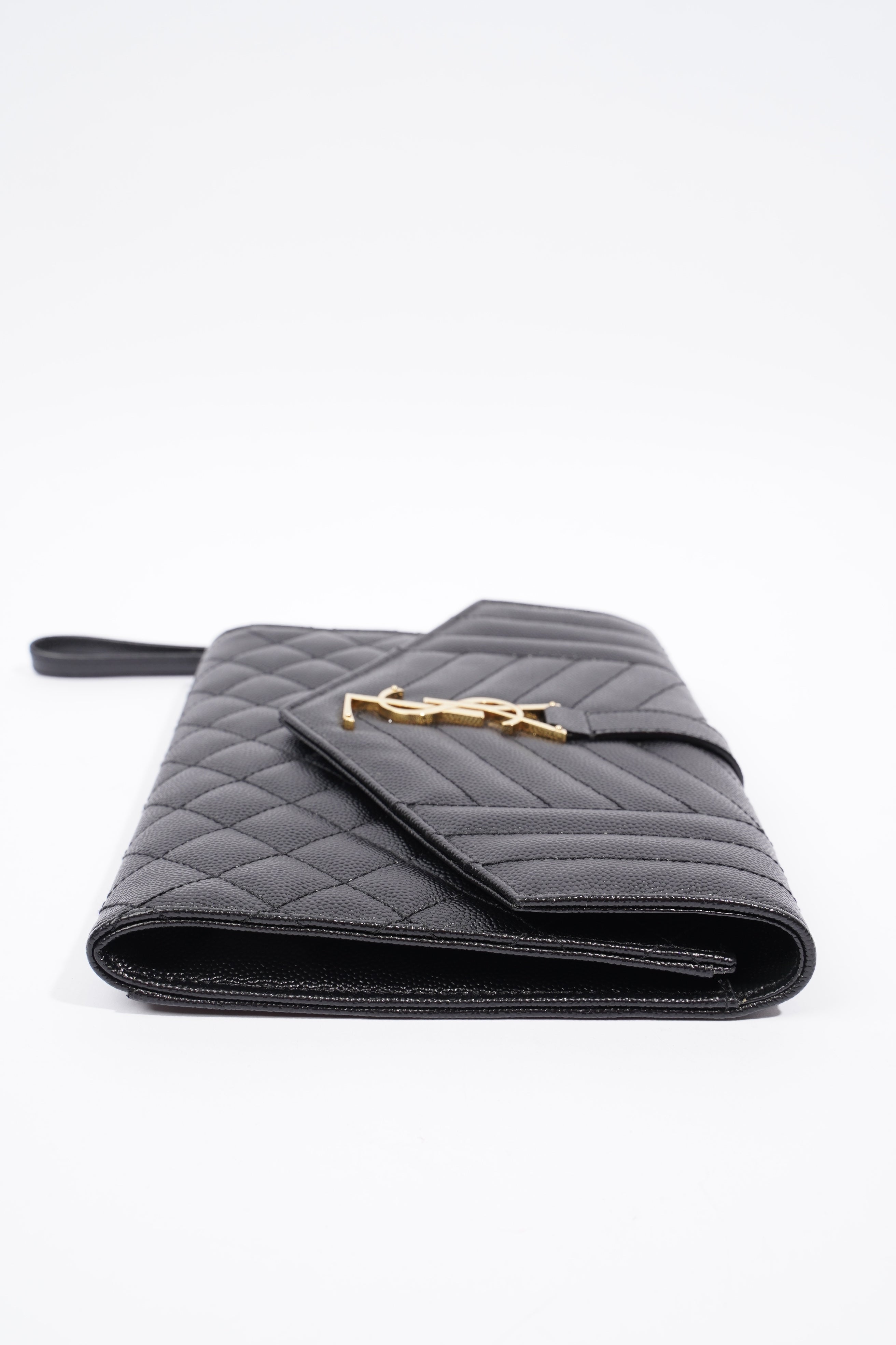 Saint Laurent YSL-Plaque Quilted Pouch Black Grained Leather