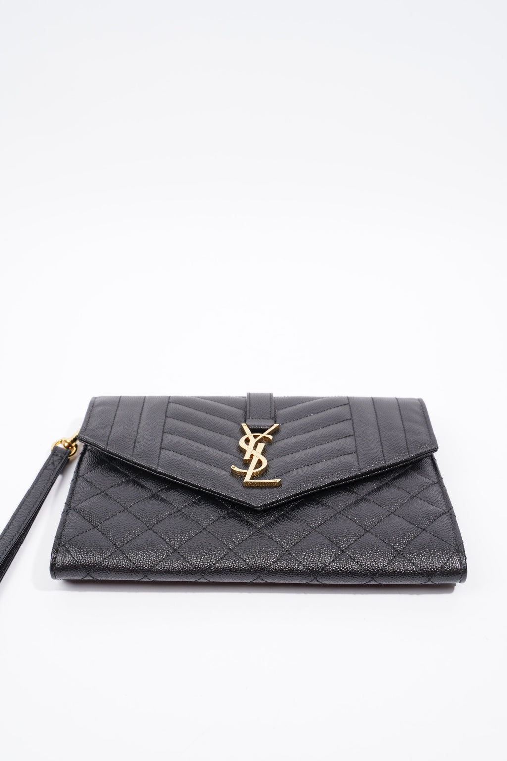 Saint Laurent YSL-Plaque Quilted Pouch Black Grained Leather