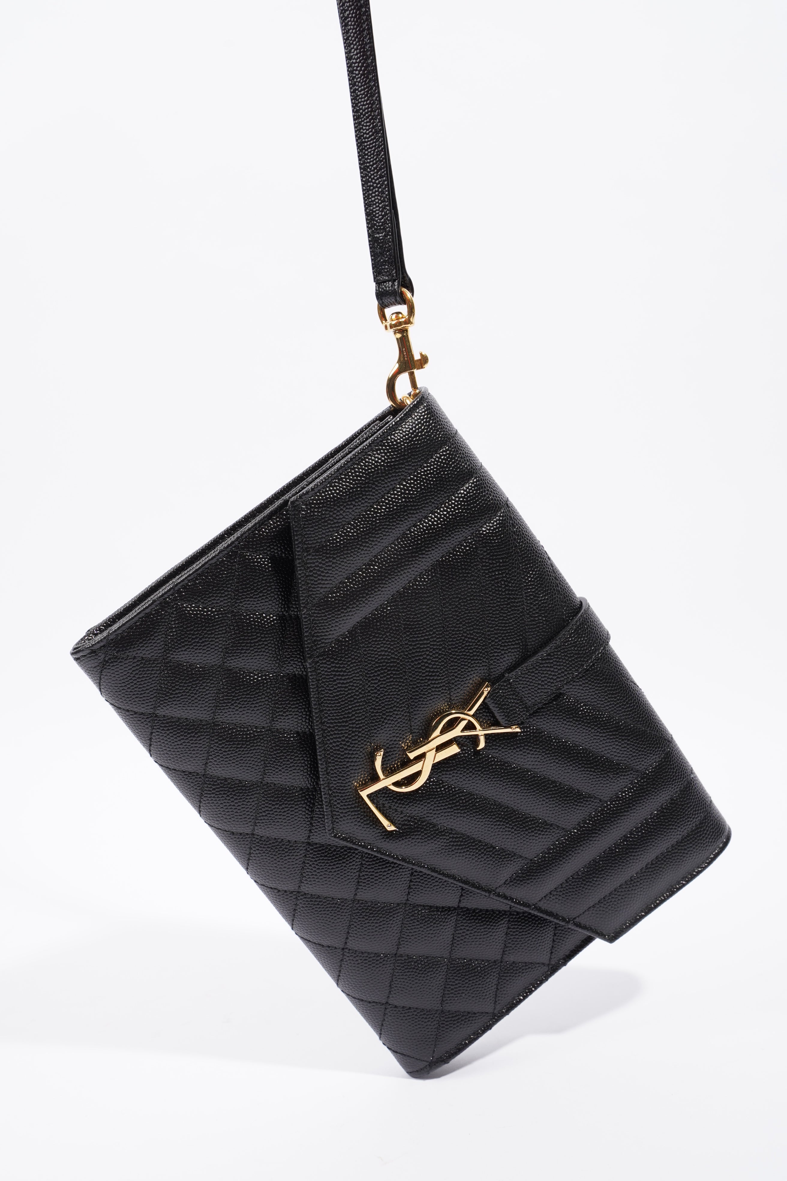 Saint Laurent YSL-Plaque Quilted Pouch Black Grained Leather