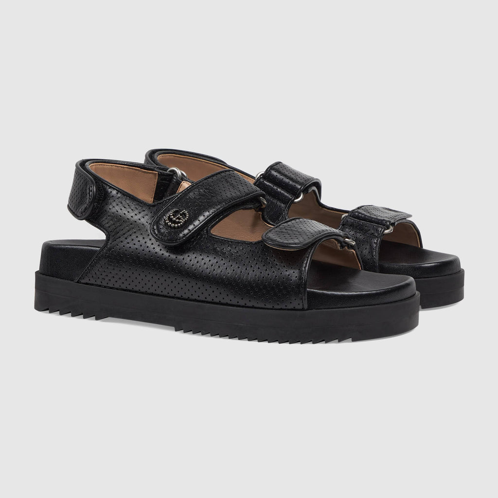 GUCCI GG BLACK LEATHER SANDALS WITH LOGO