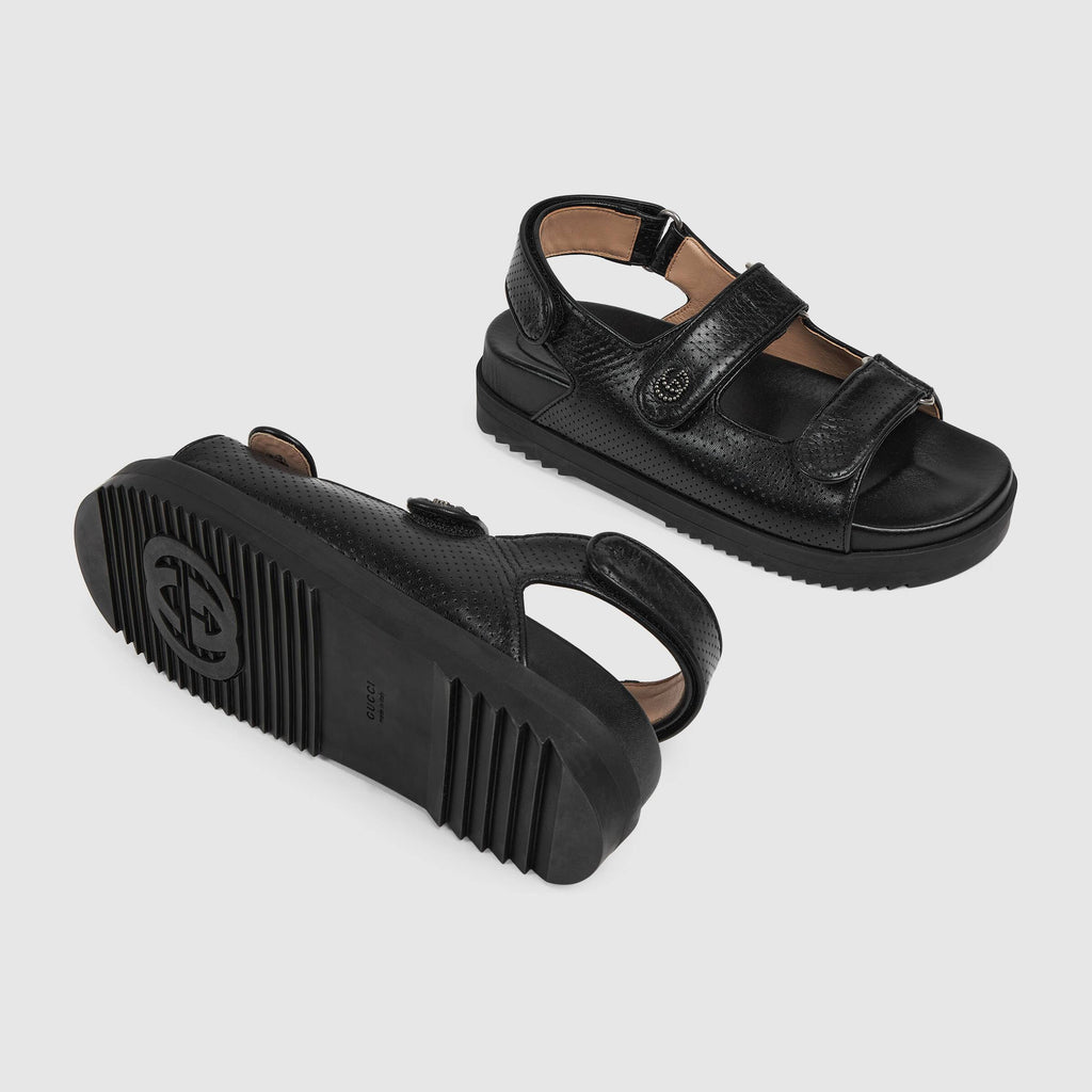 GUCCI GG BLACK LEATHER SANDALS WITH LOGO