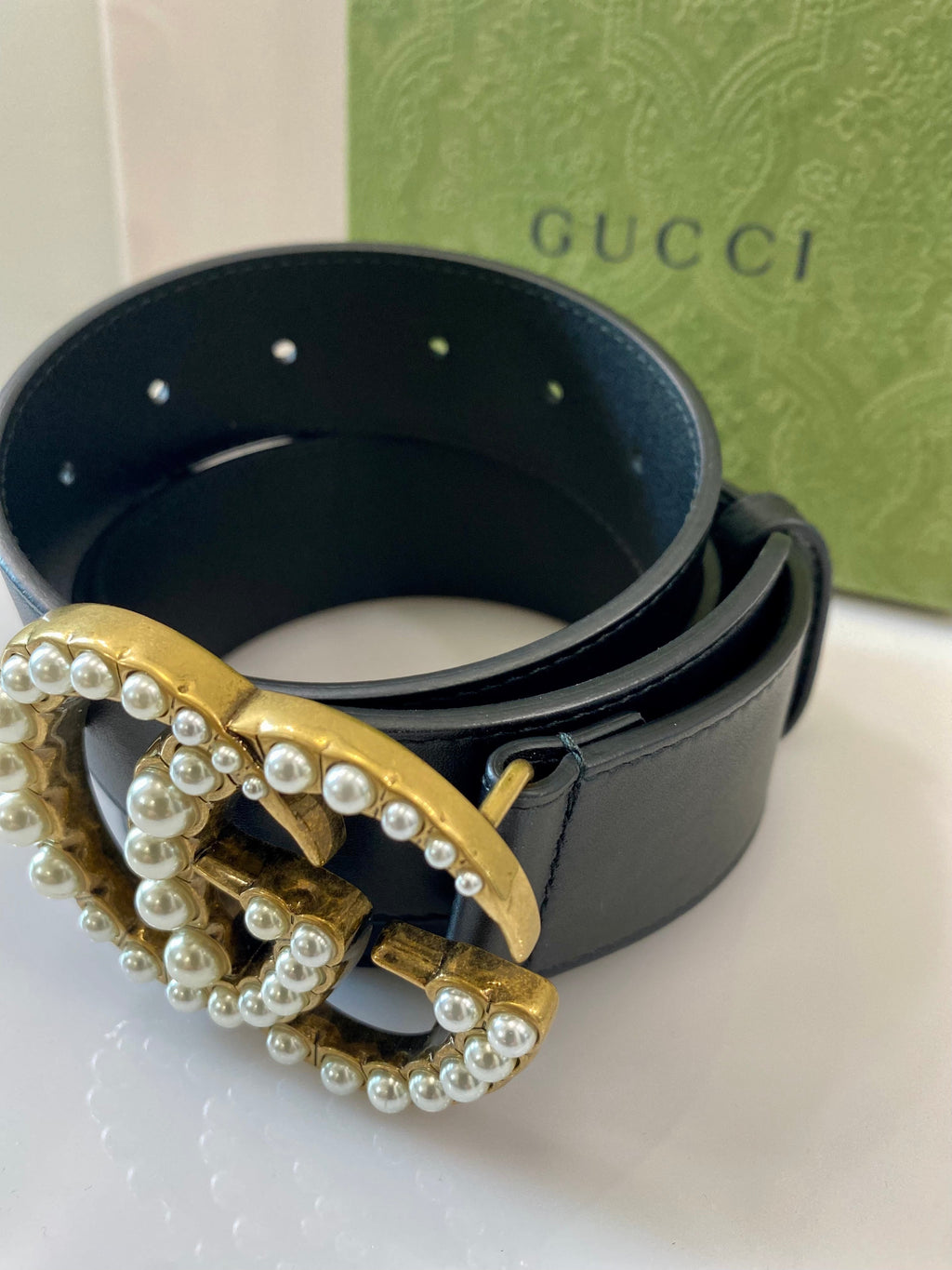 GUCCI GG PEARL EMBELLISHED LEATHER BELT