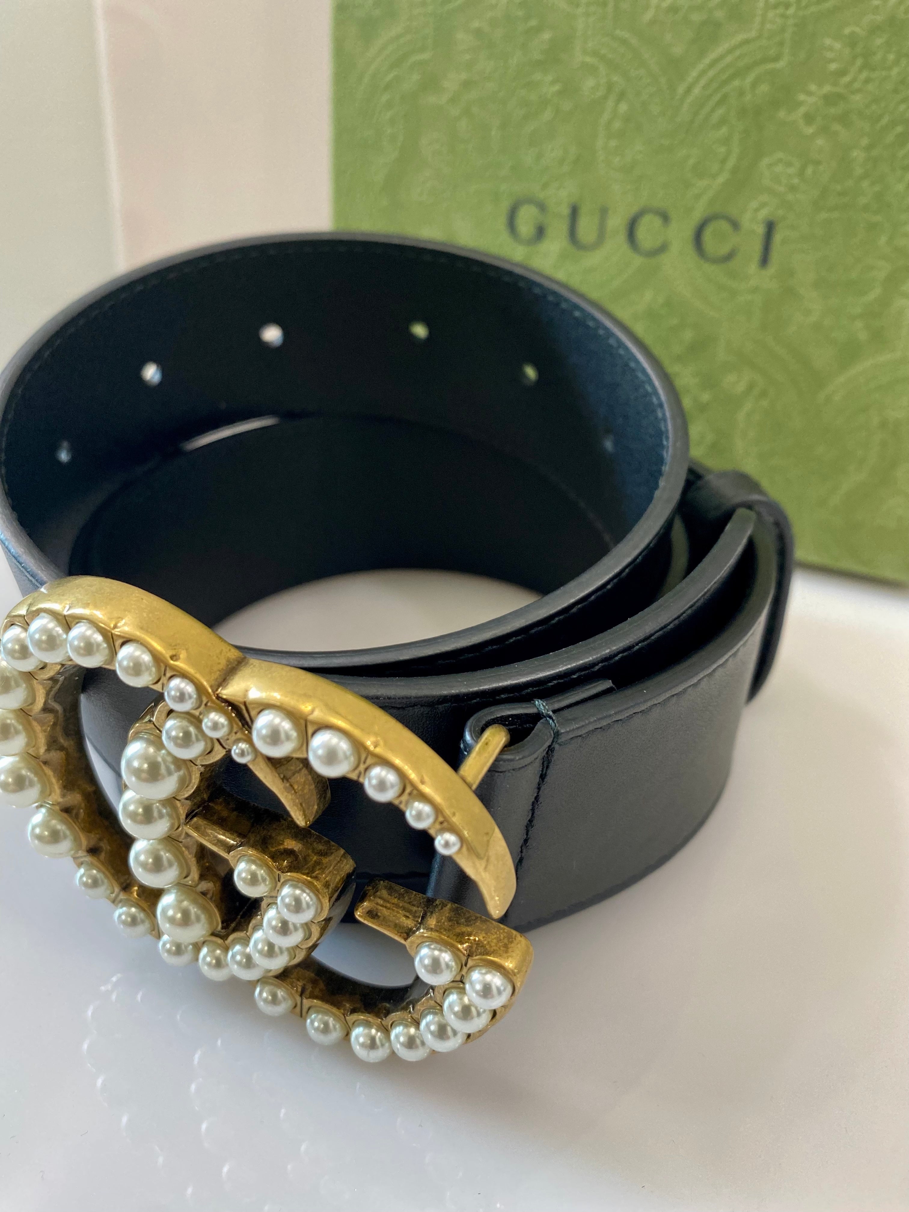 GUCCI GG PEARL EMBELLISHED LEATHER BELT