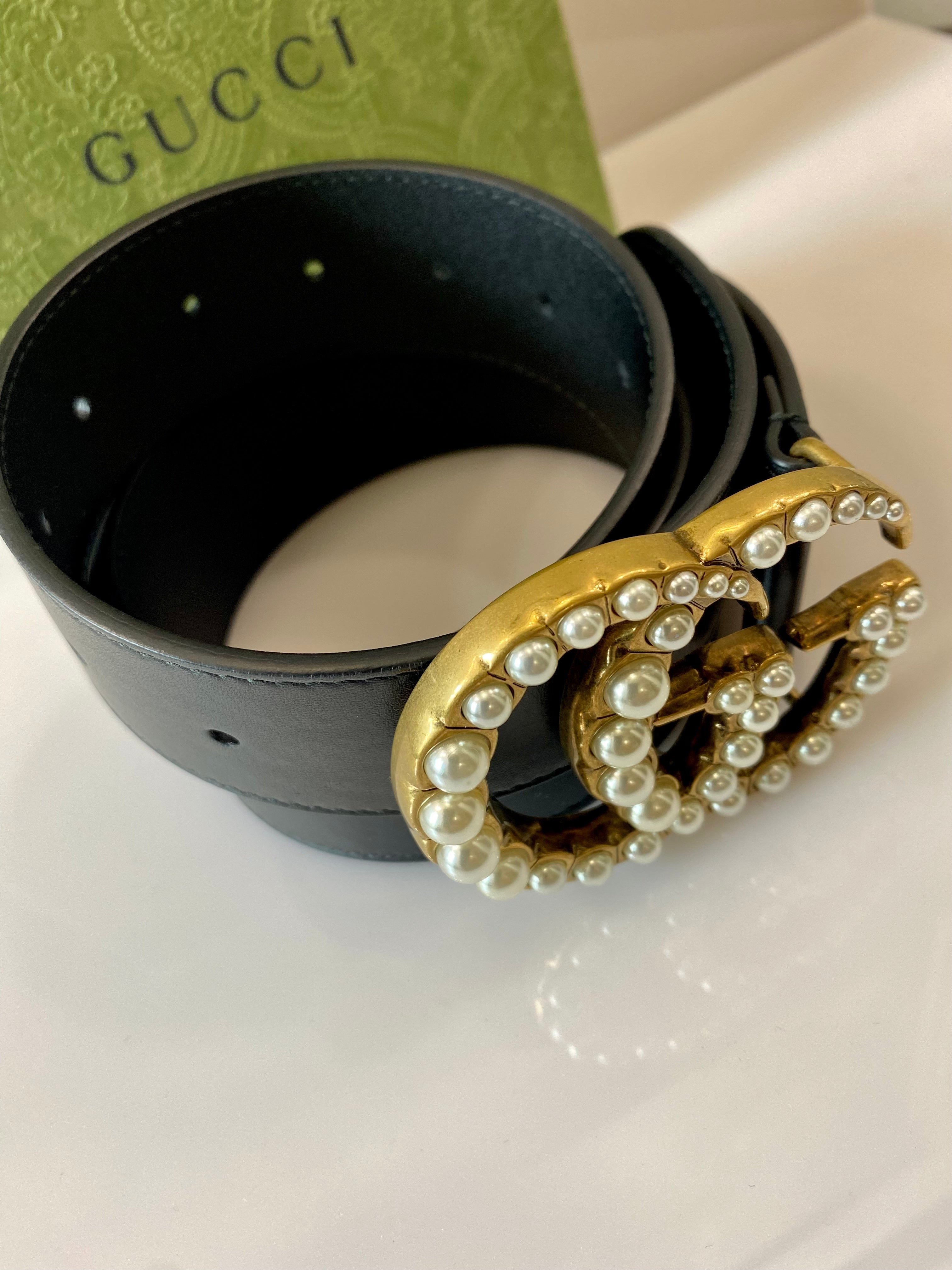 GUCCI GG PEARL EMBELLISHED LEATHER BELT
