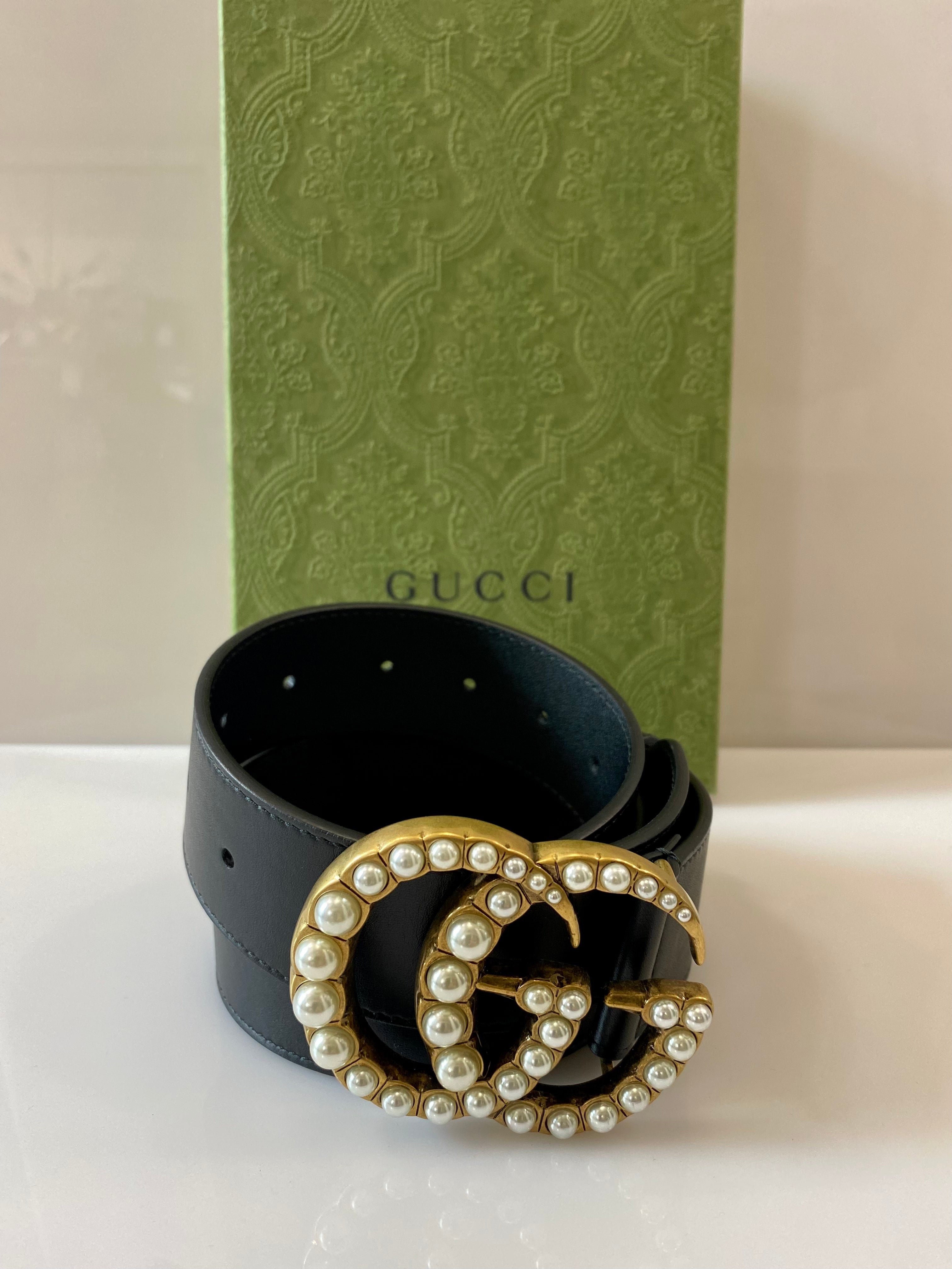 GUCCI GG PEARL EMBELLISHED LEATHER BELT