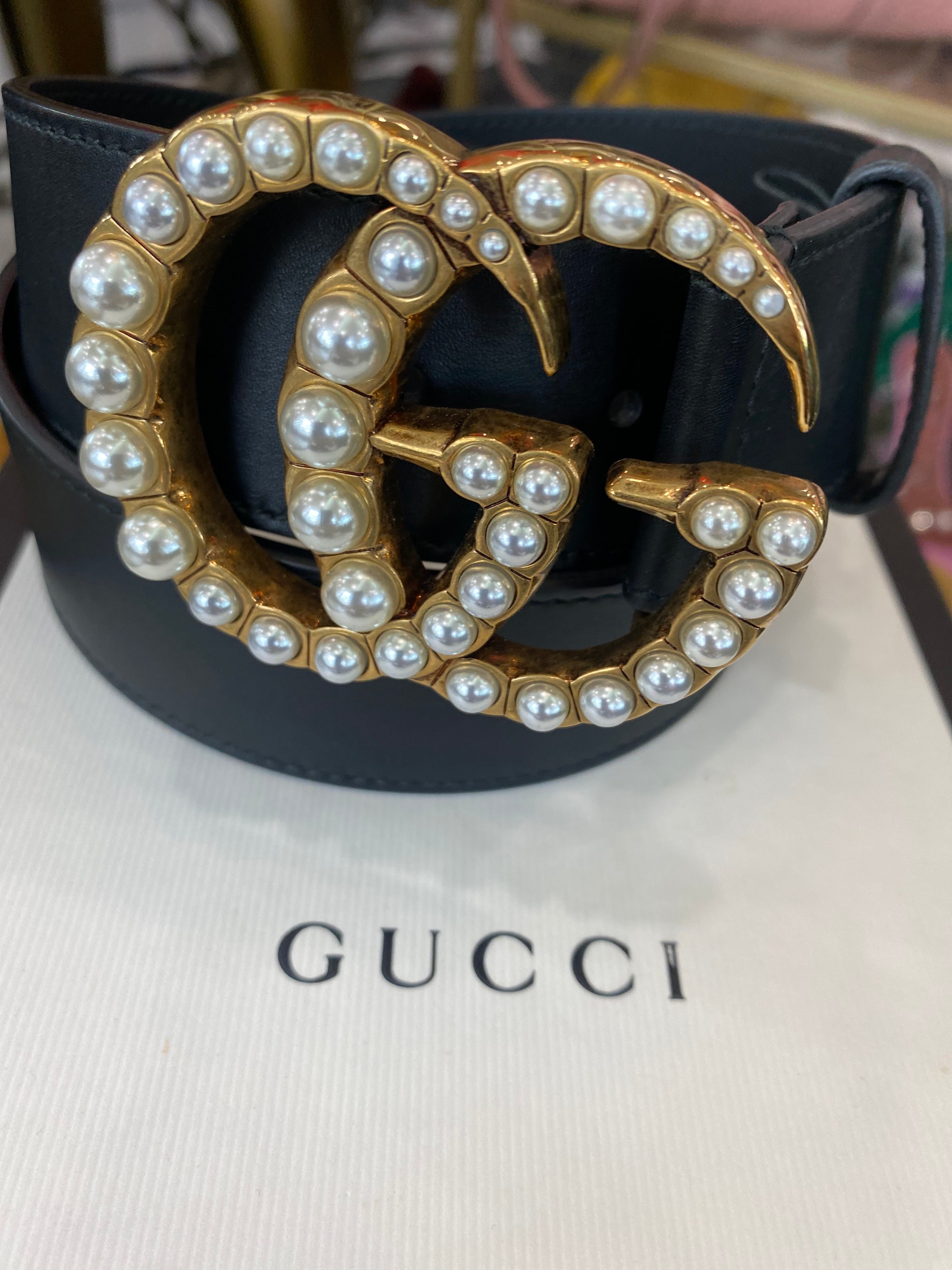 GUCCI GG PEARL EMBELLISHED LEATHER BELT