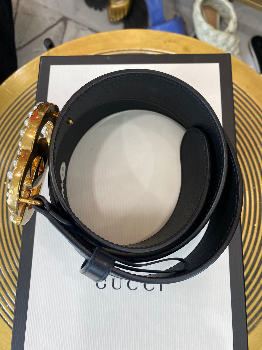 GUCCI GG PEARL EMBELLISHED LEATHER BELT