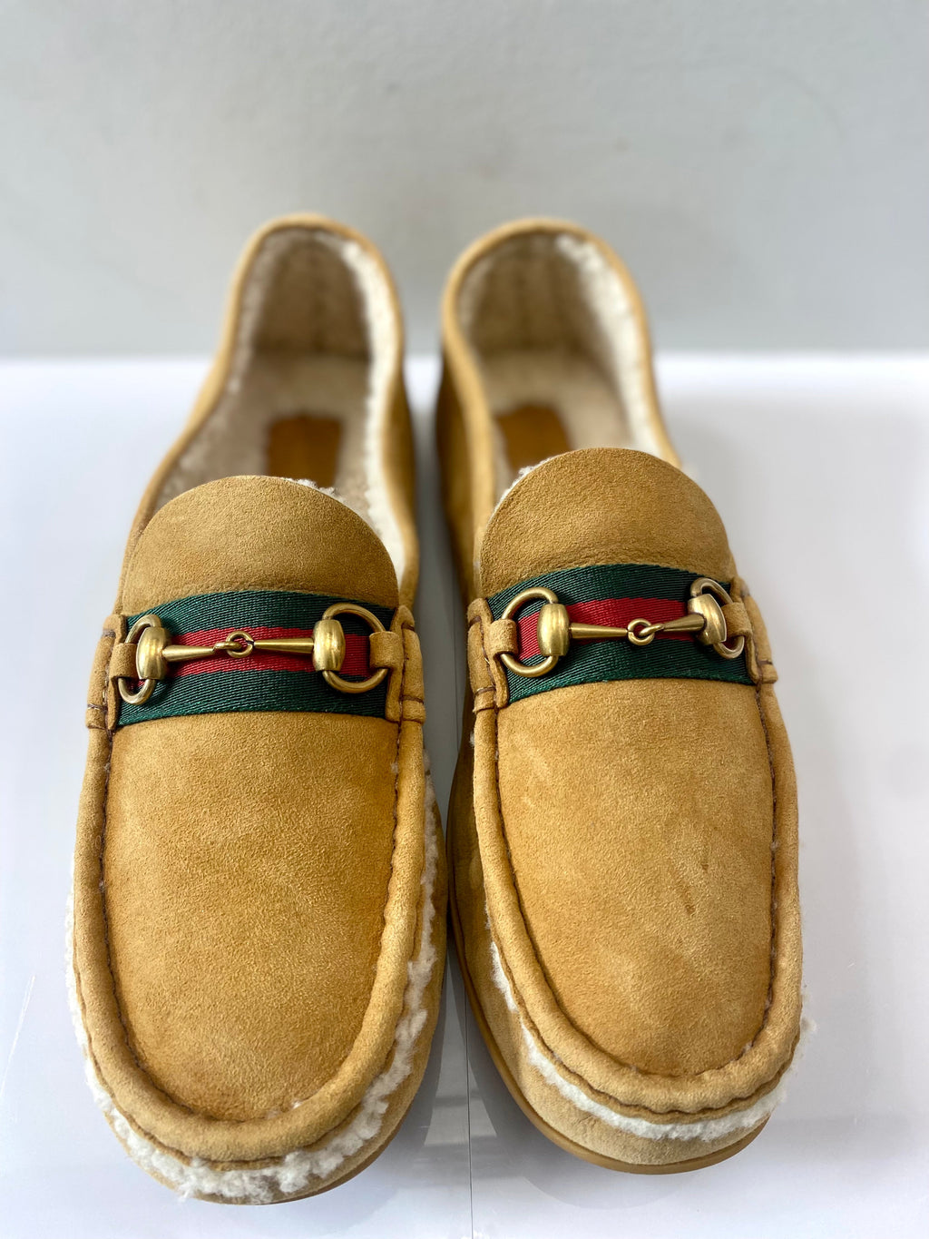 GUCCI HORSEBIT WEB SHEARLING DRIVER LOAFERS