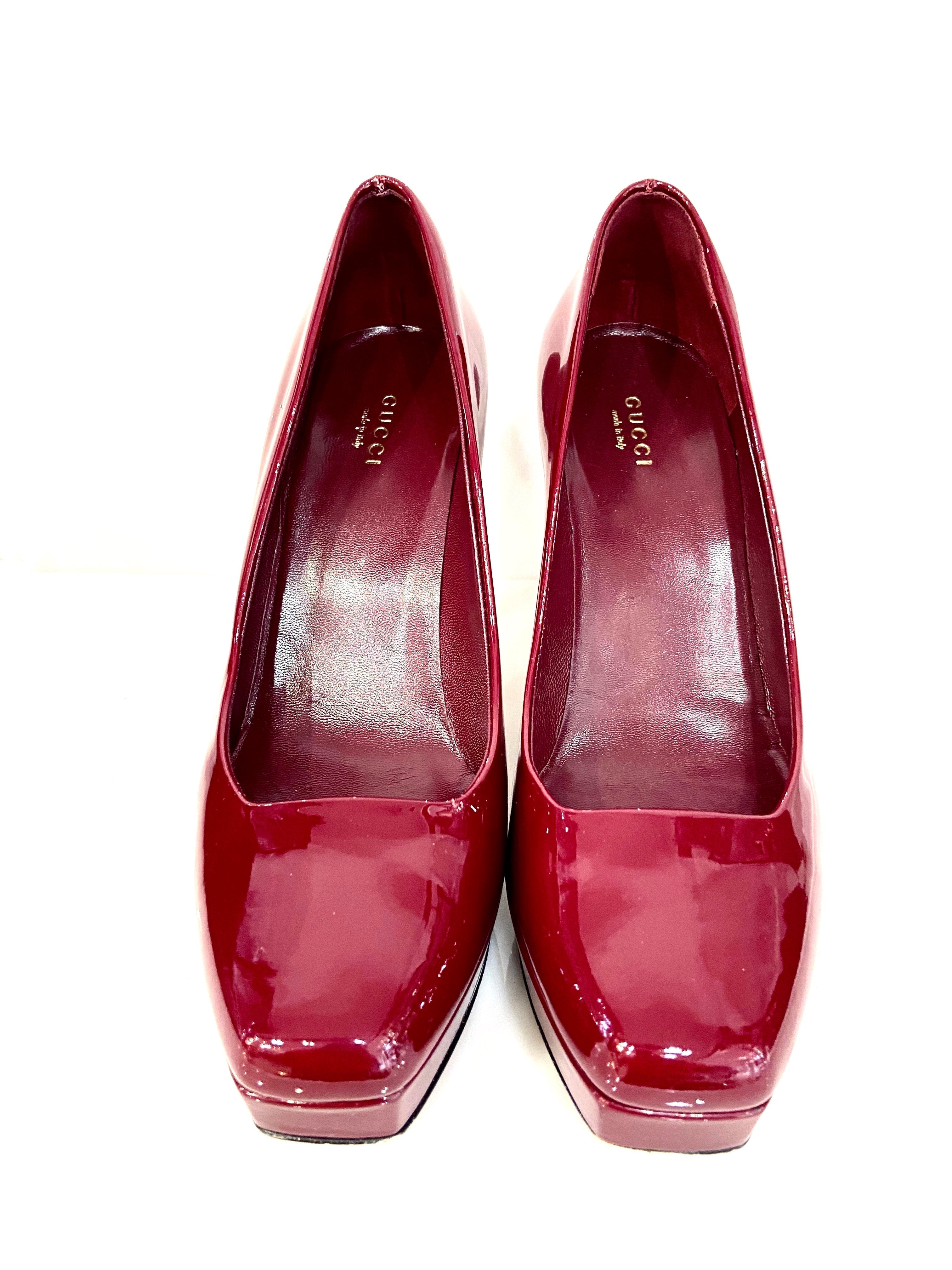 GUCCI PATENT LEATHER TILE SQUARE TOE PLATFORM PUMPS