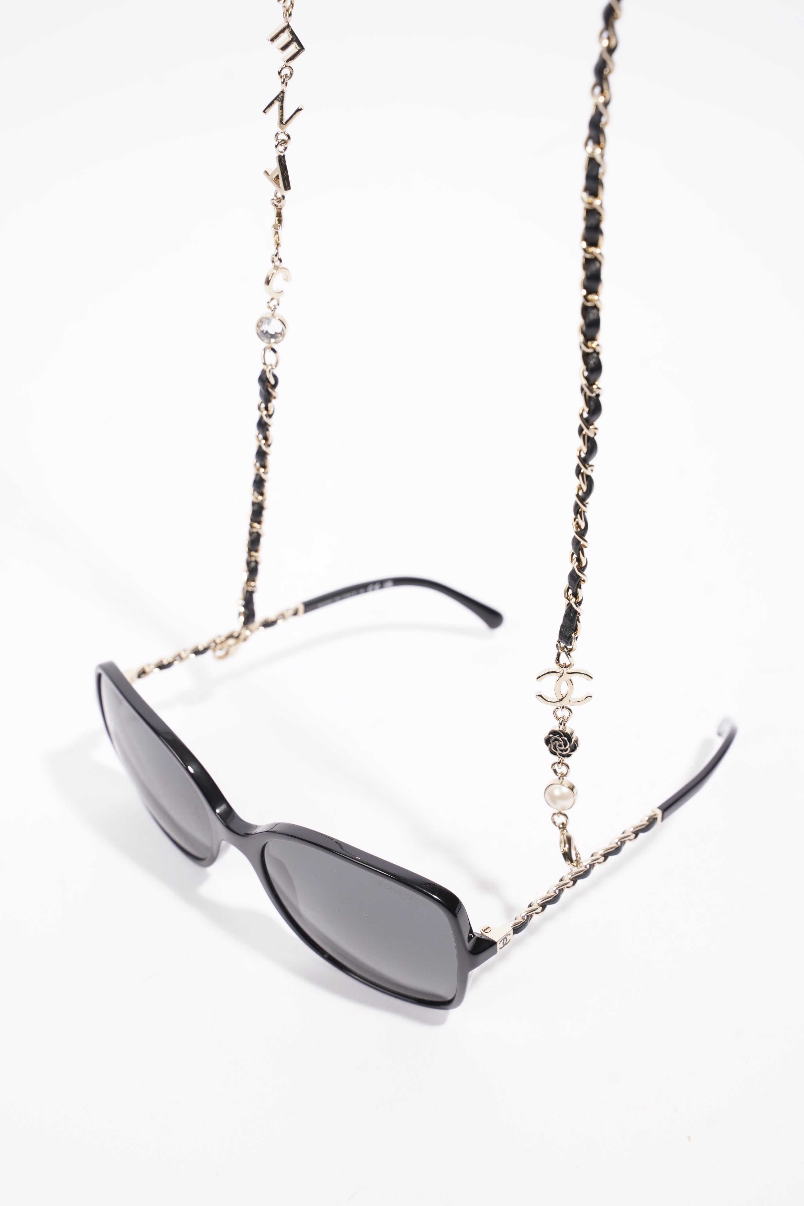 Chanel Square Sunglasses With Chain Black Acetate 57mm 17mm