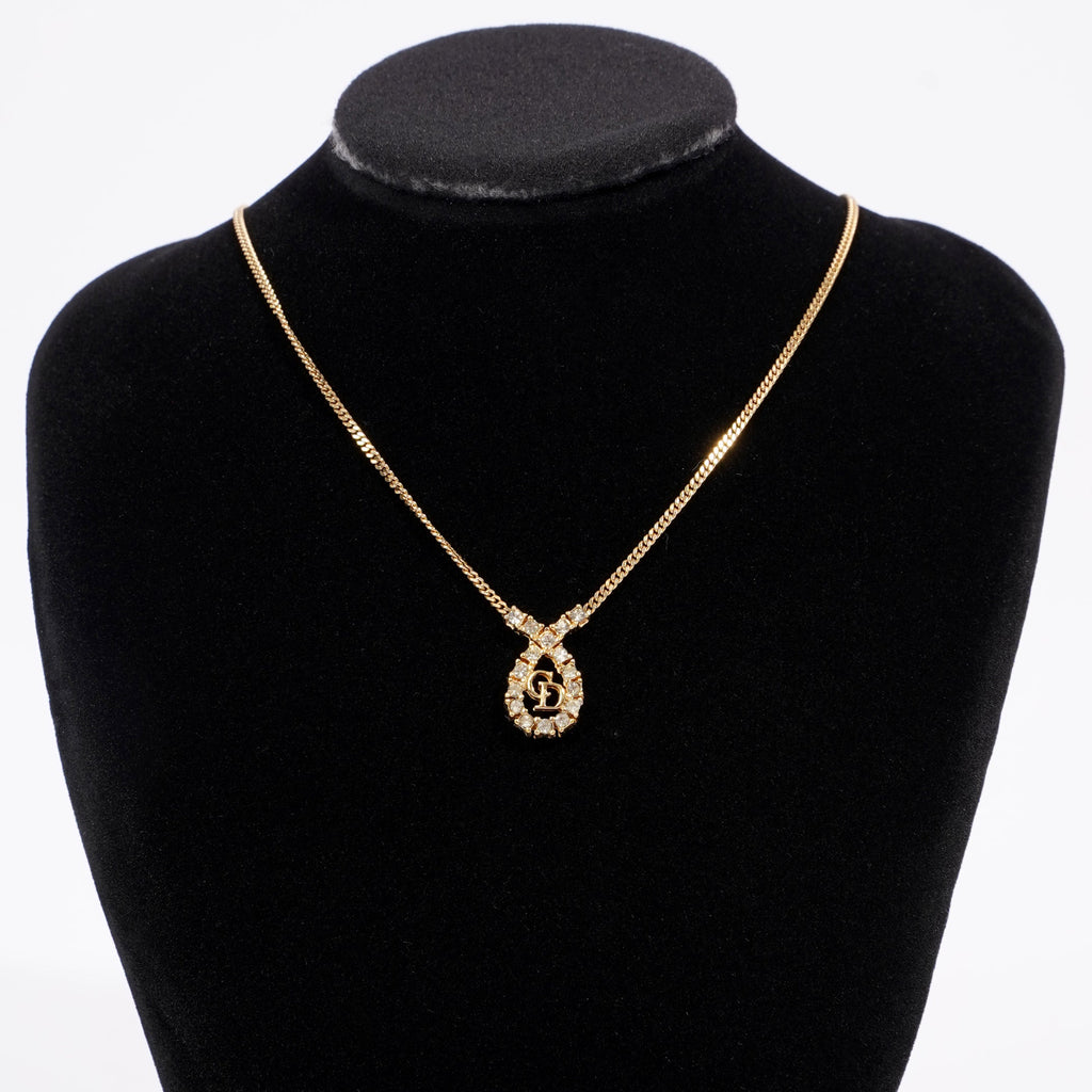 Christian Dior CD Motif Necklace Gold Rhinestone