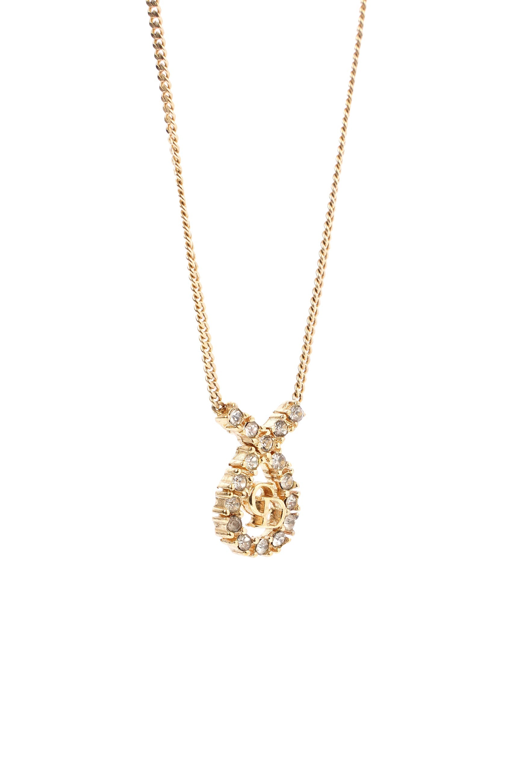 Christian Dior CD Motif Necklace Gold Rhinestone