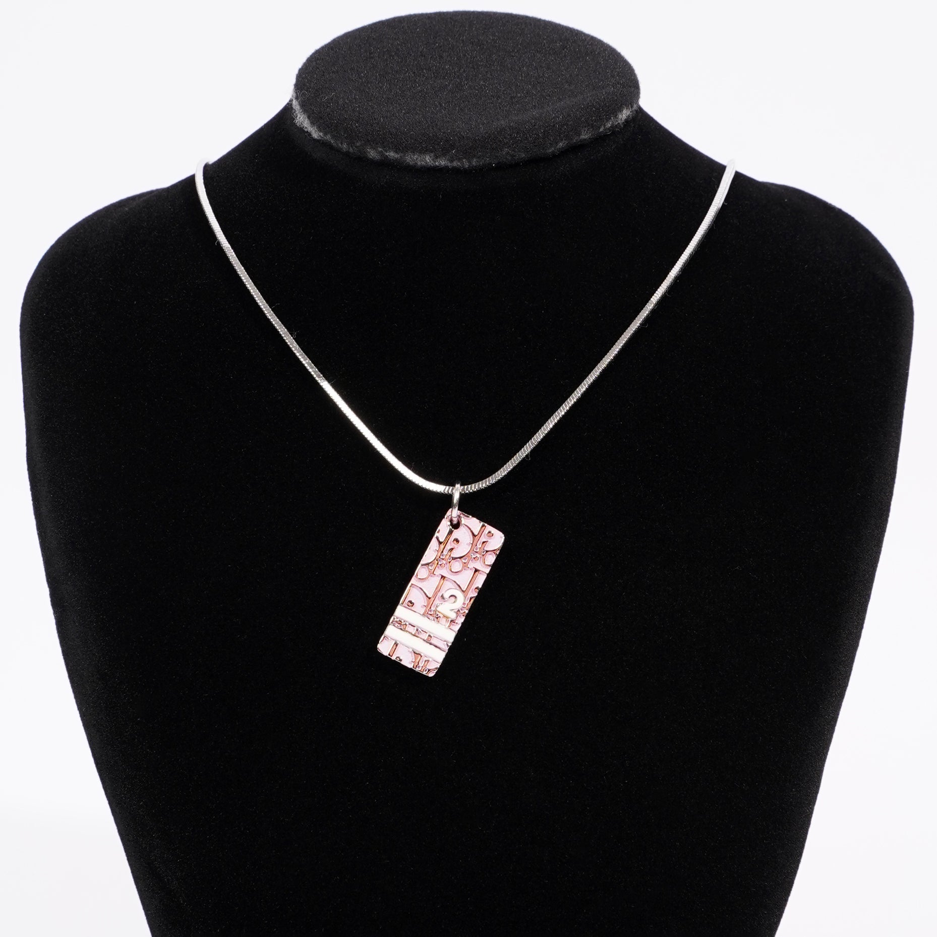 Christian Dior No.2 Trotter Pendant Necklace Pink White Silver Plated