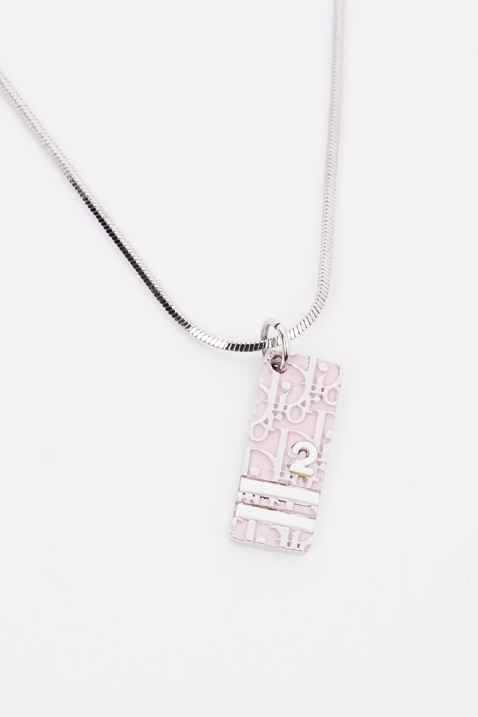 Christian Dior No.2 Trotter Pendant Necklace Pink White Silver Plated
