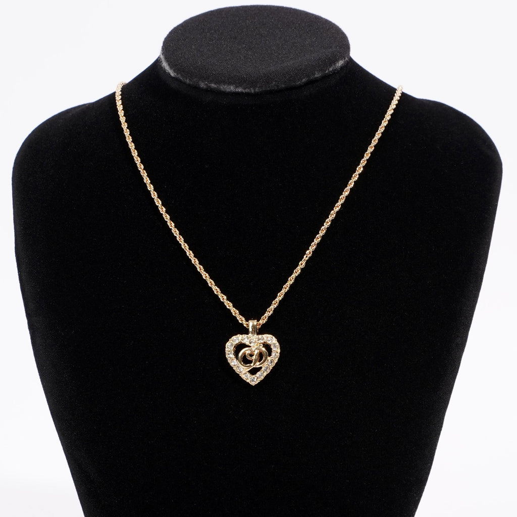 Christian Dior CD Heart Motif Necklace Gold Rhinestone