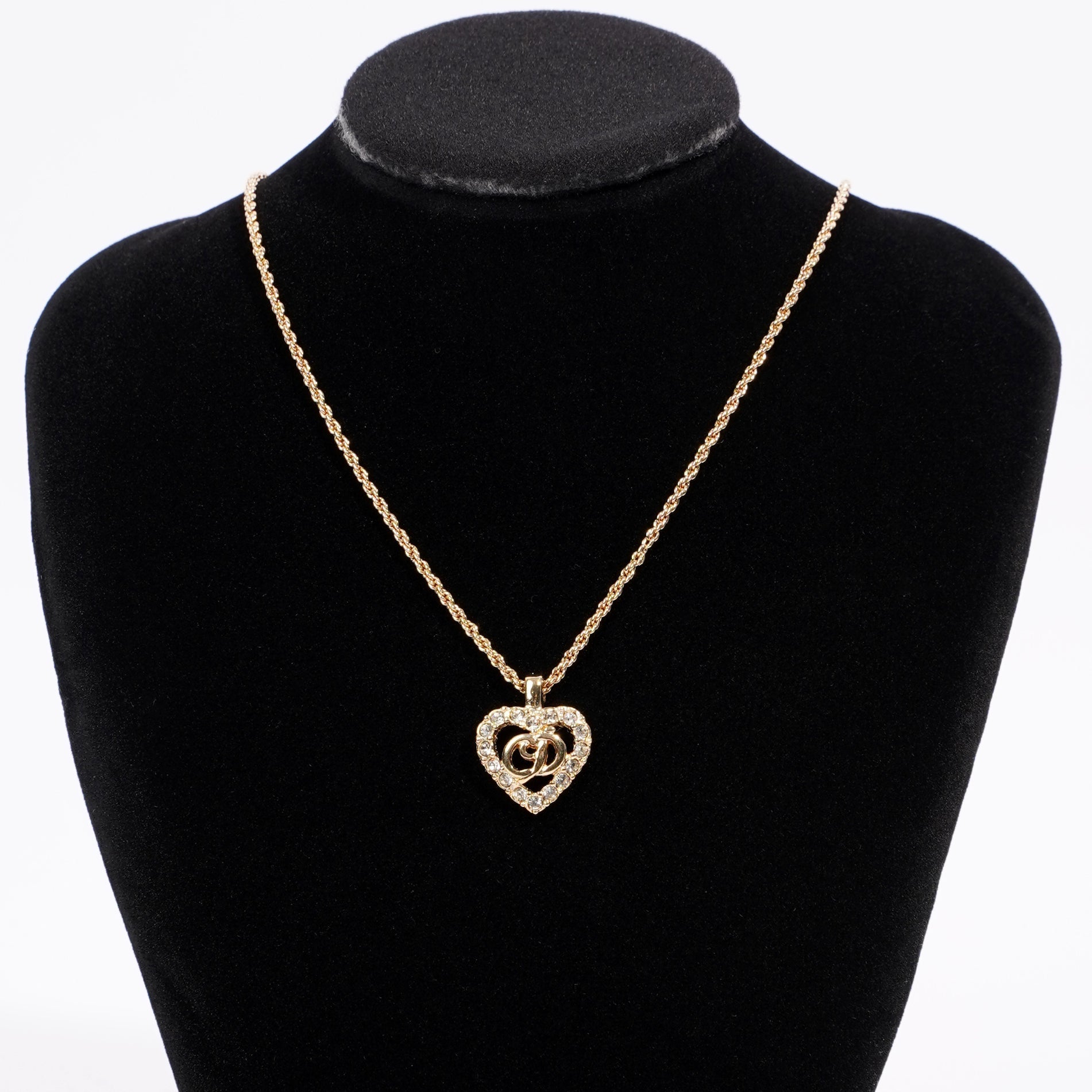 Christian Dior CD Heart Motif Necklace Gold Rhinestone