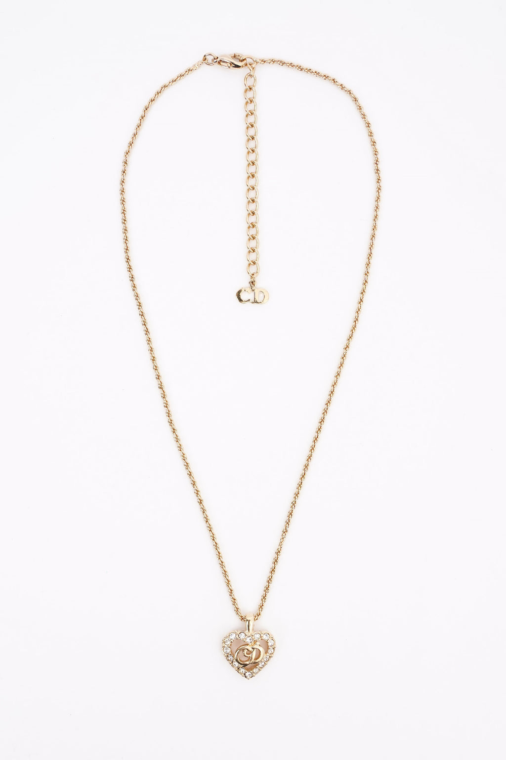 Christian Dior CD Heart Motif Necklace Gold Rhinestone