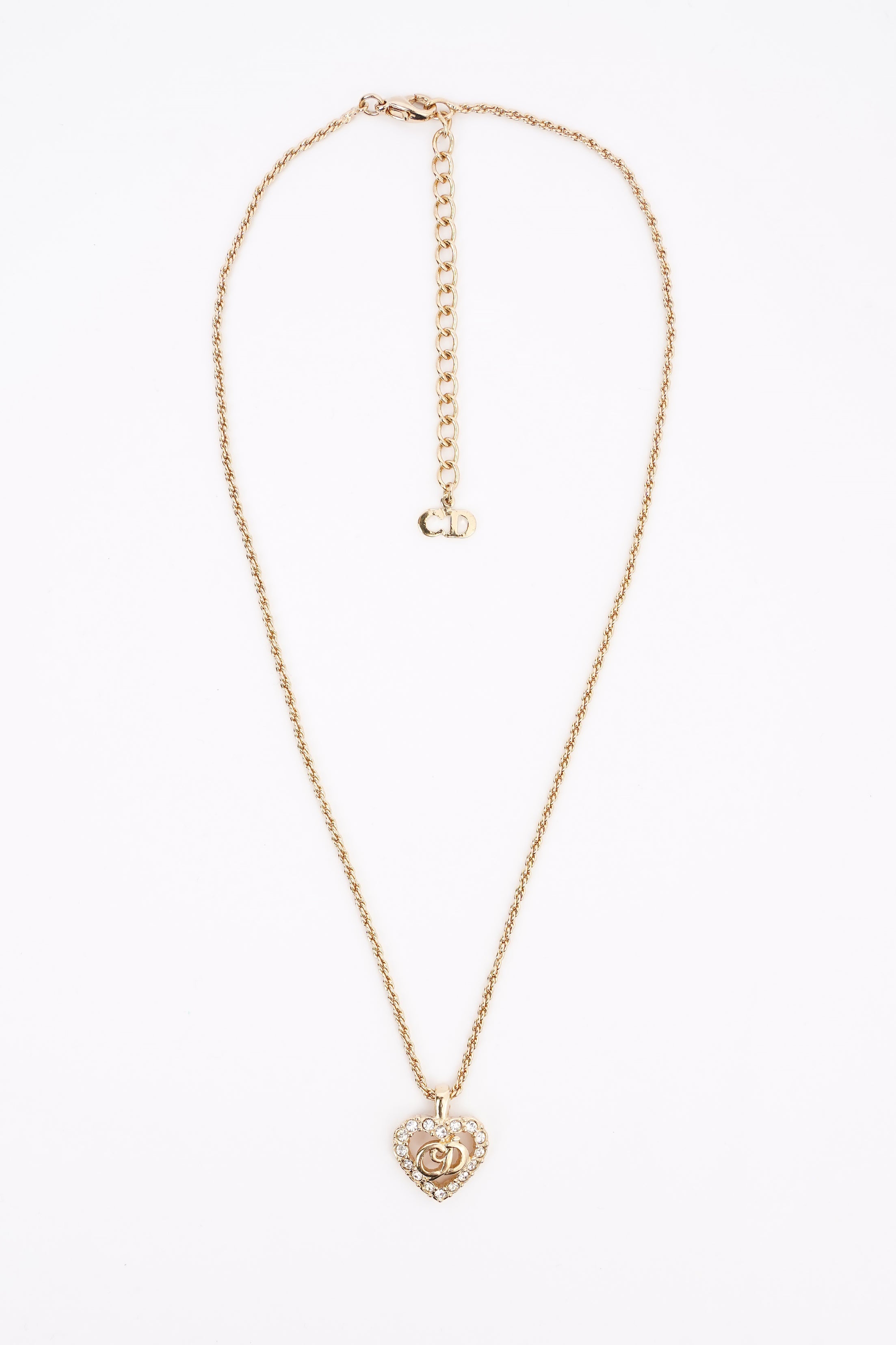 Christian Dior CD Heart Motif Necklace Gold Rhinestone