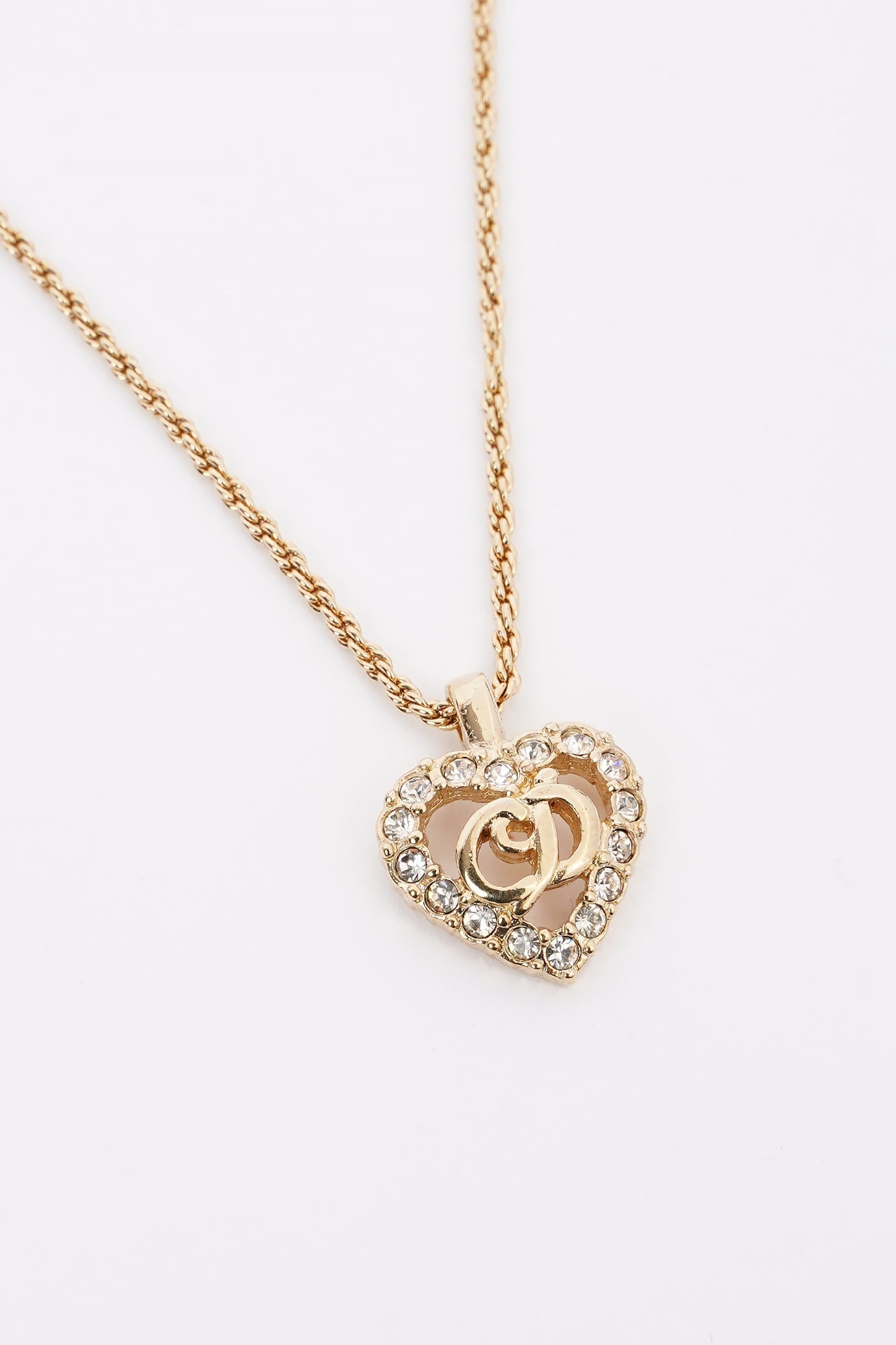 Christian Dior CD Heart Motif Necklace Gold Rhinestone
