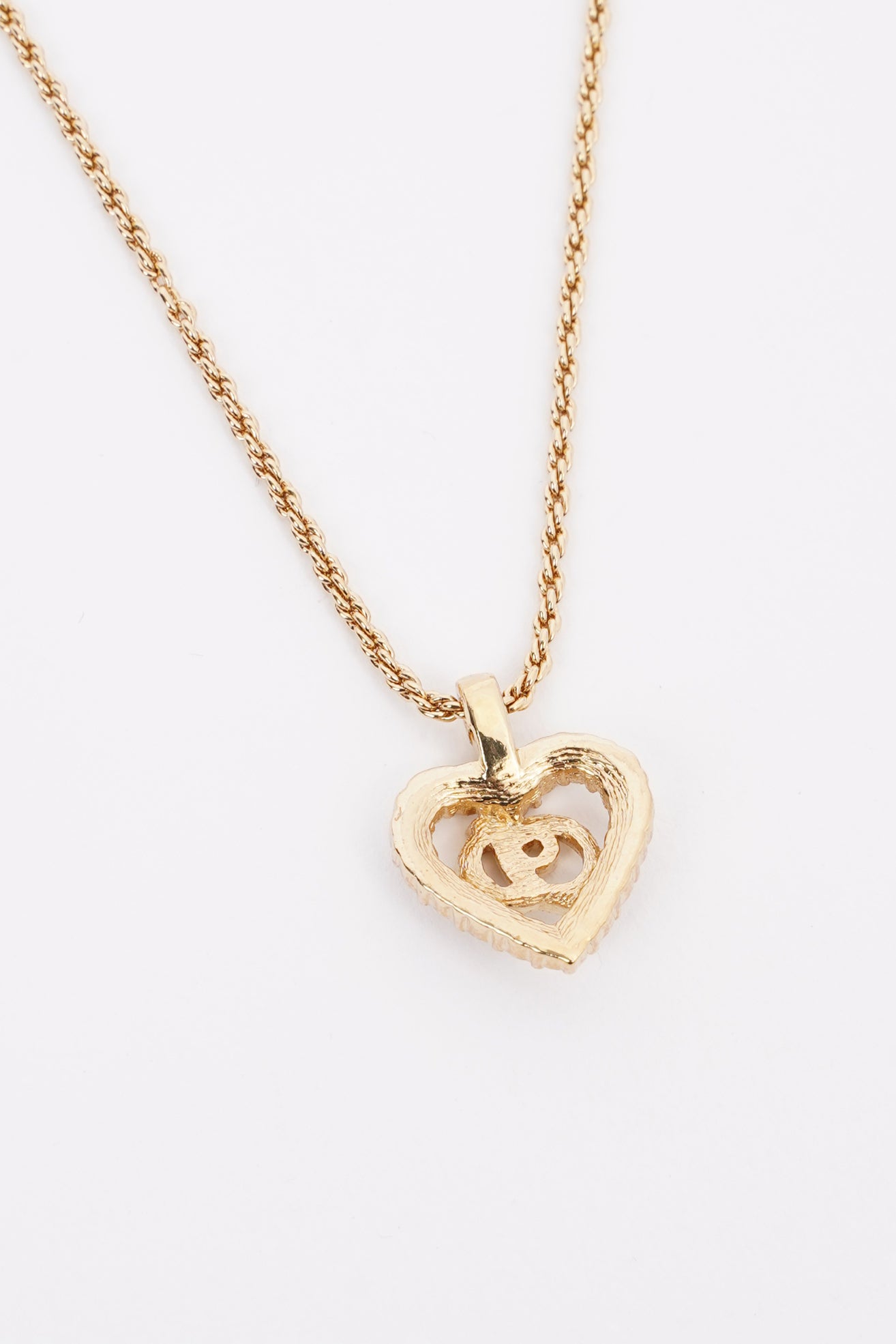 Christian Dior CD Heart Motif Necklace Gold Rhinestone