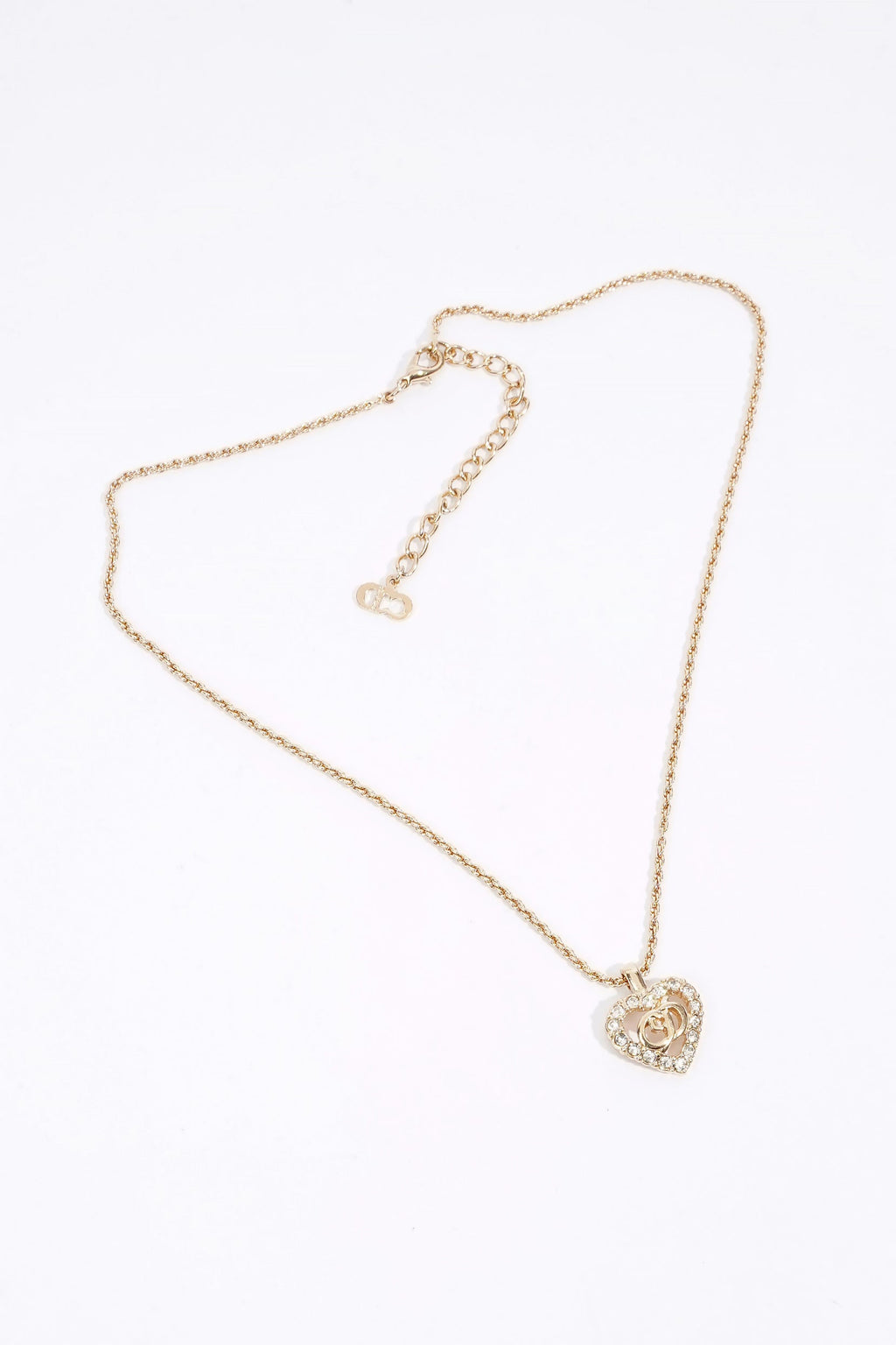 Christian Dior CD Heart Motif Necklace Gold Rhinestone