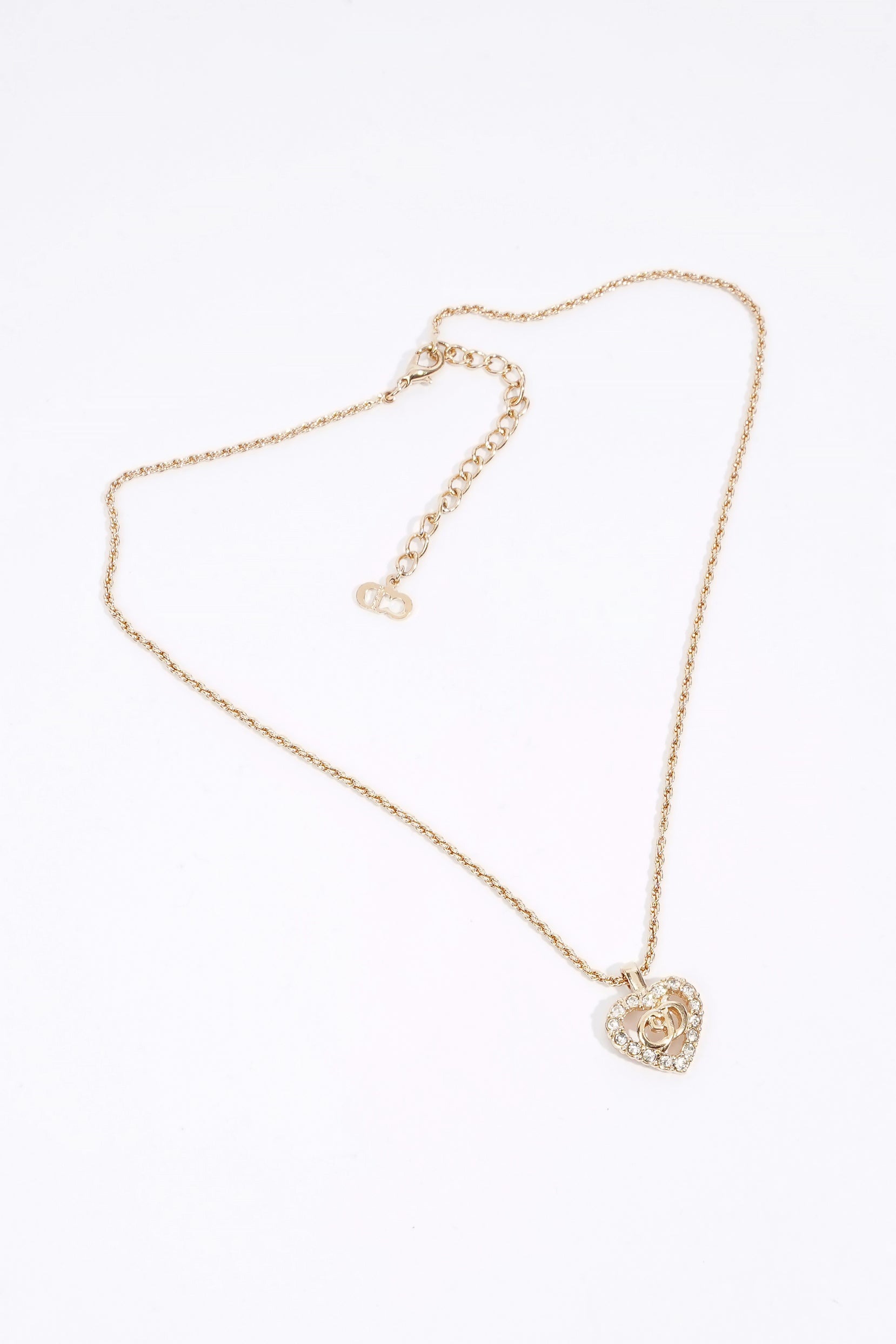 Christian Dior CD Heart Motif Necklace Gold Rhinestone