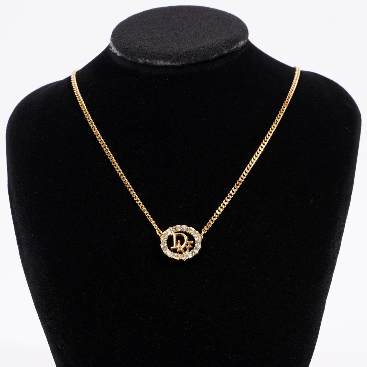 Christian Dior DIOR Motif Necklace Gold Rhinestone