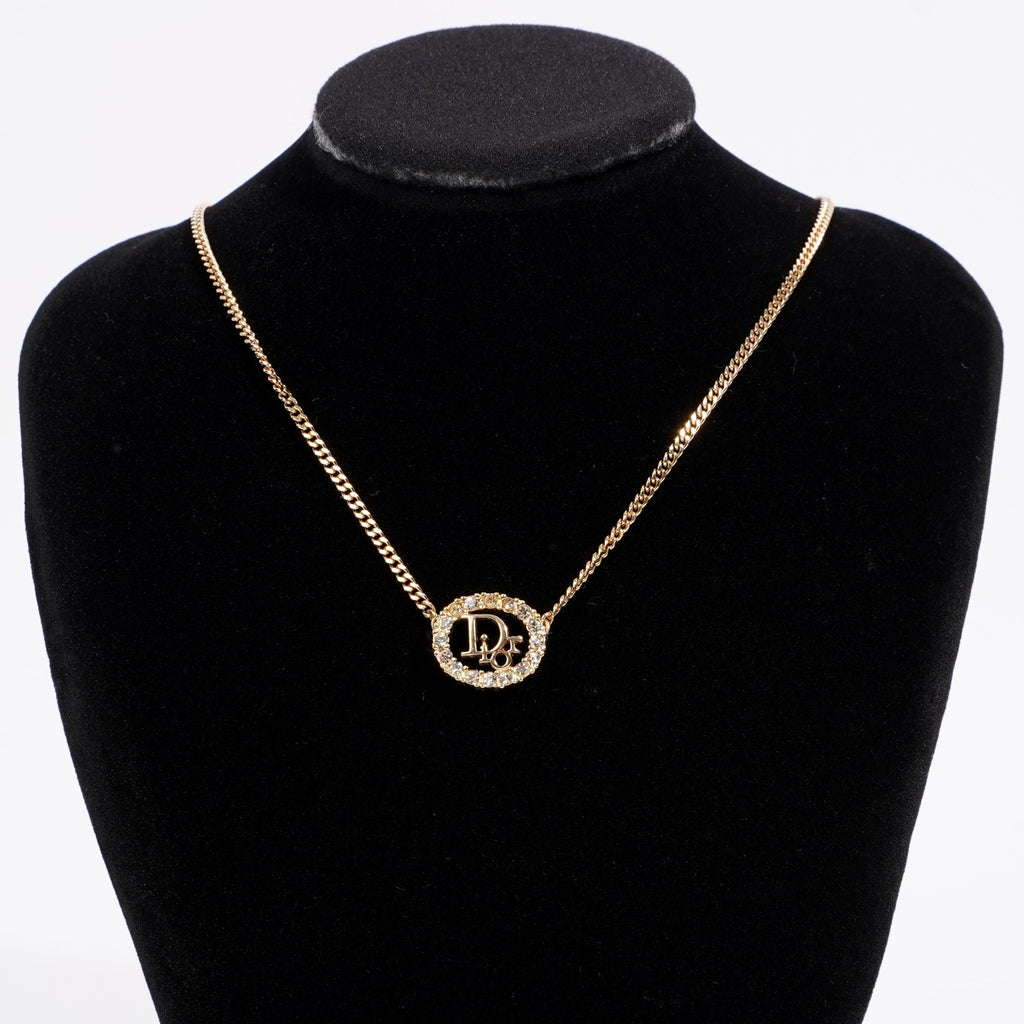 Christian Dior DIOR Motif Necklace Gold Rhinestone