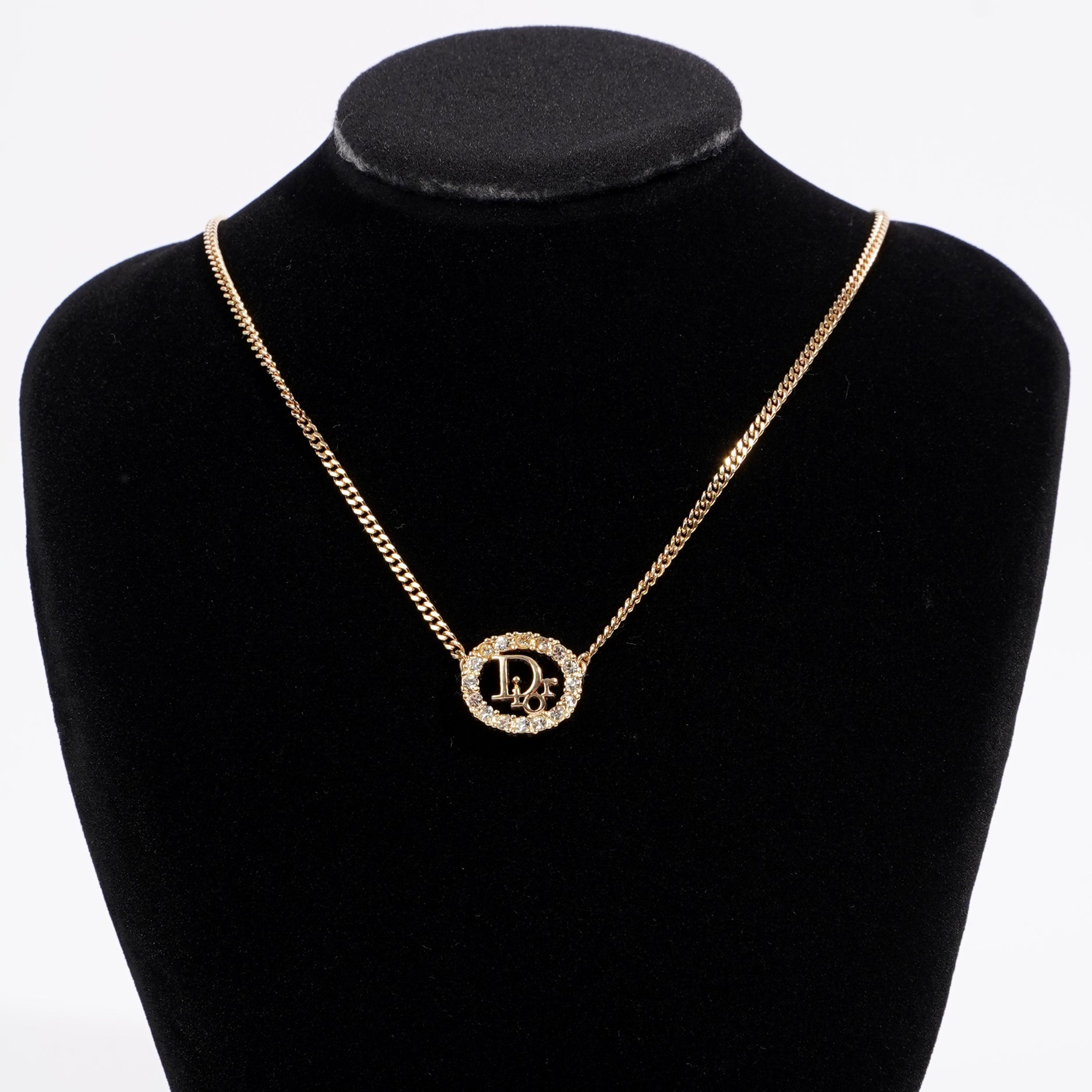 Christian Dior DIOR Motif Necklace Gold Rhinestone