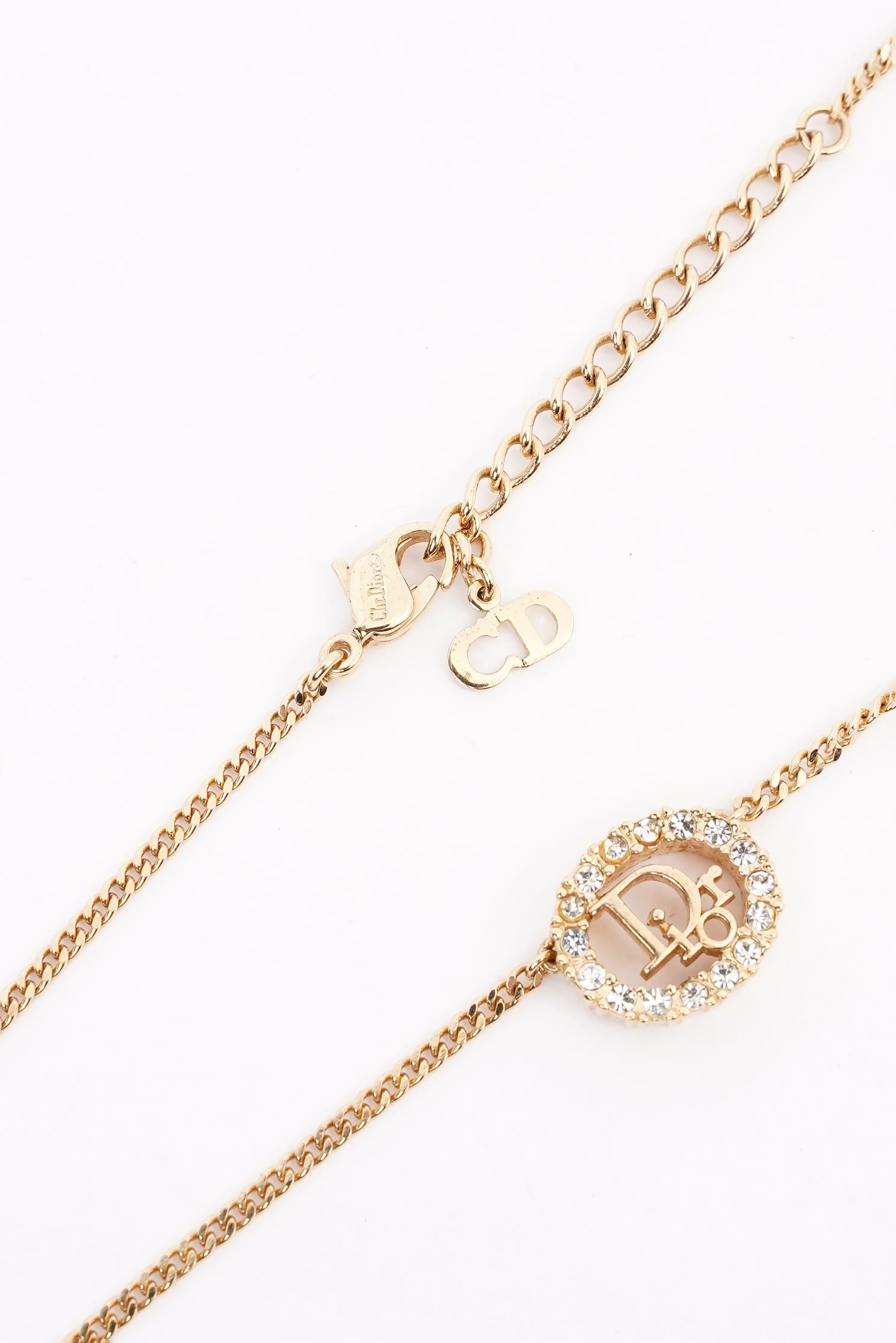 Christian Dior DIOR Motif Necklace Gold Rhinestone