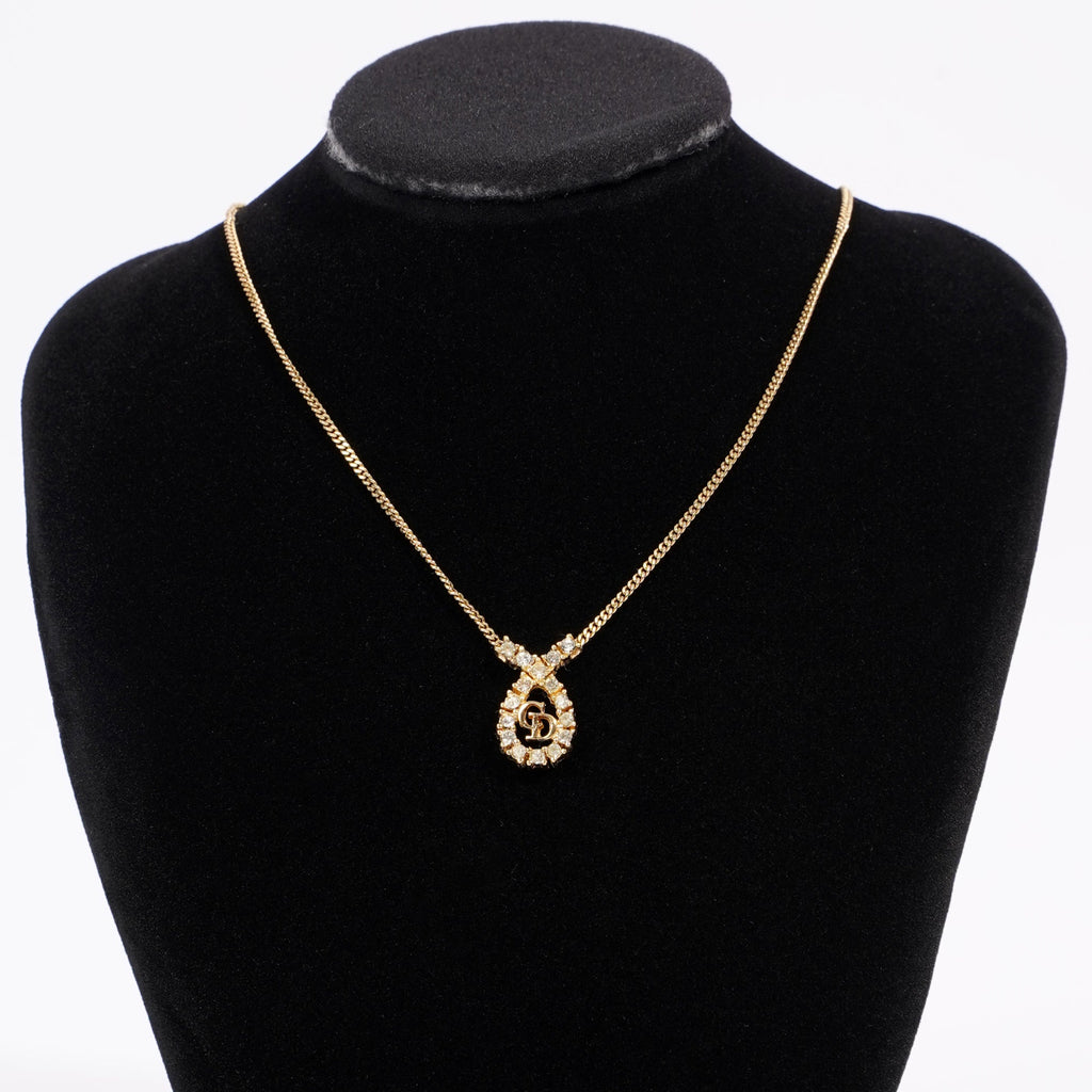 Christian Dior CD Motif Necklace Gold Rhinestone