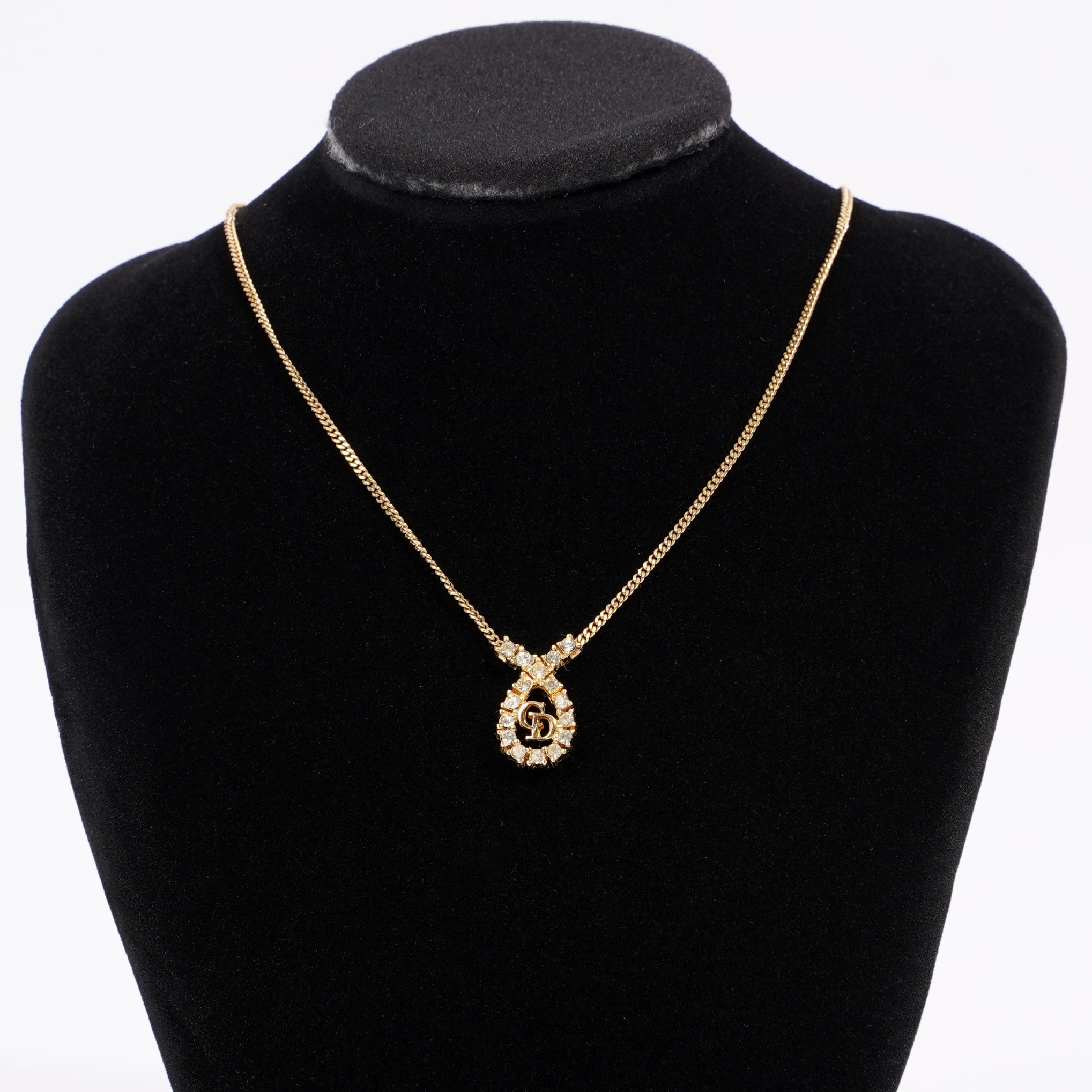 Christian Dior CD Motif Necklace Gold Rhinestone
