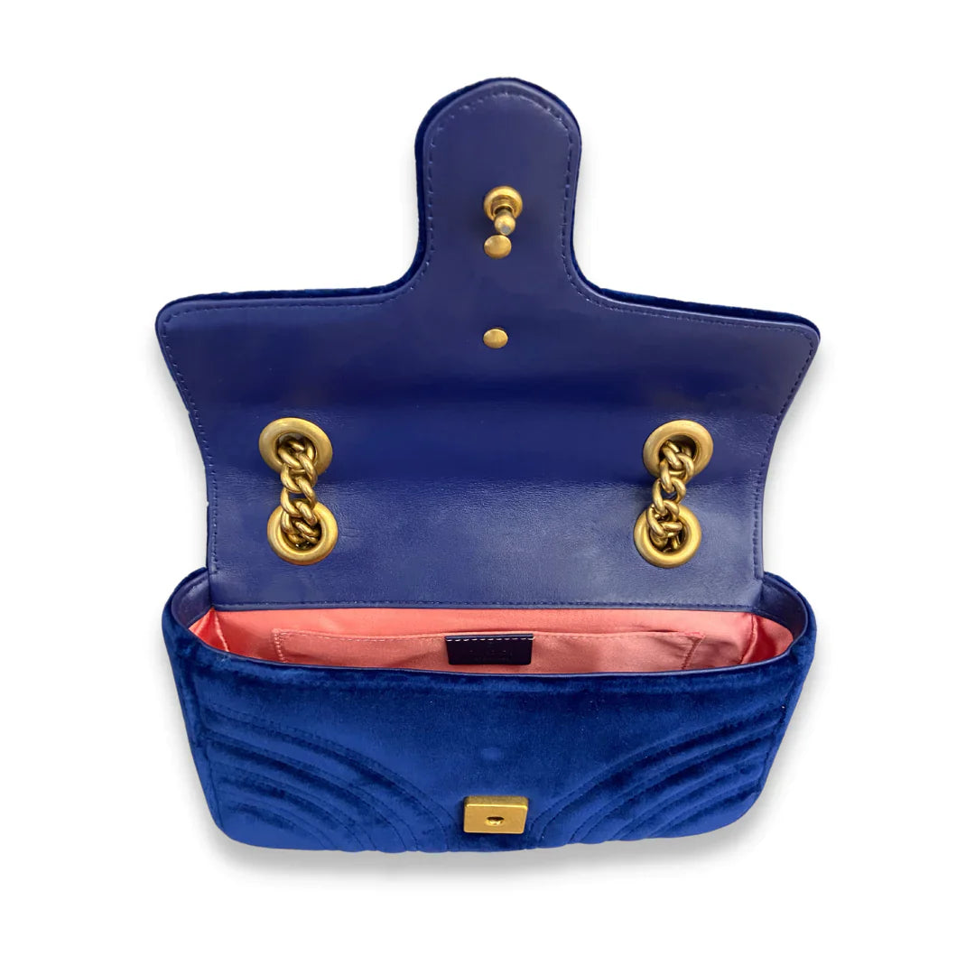 Gucci Blue Matelassé Velvet GG Marmont Bag