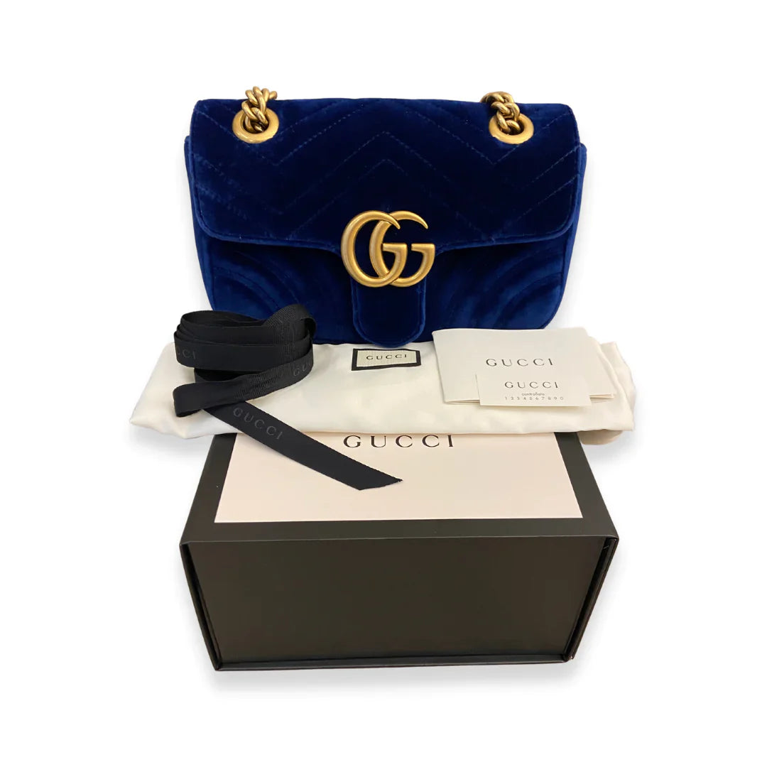 Gucci Blue Matelassé Velvet GG Marmont Bag