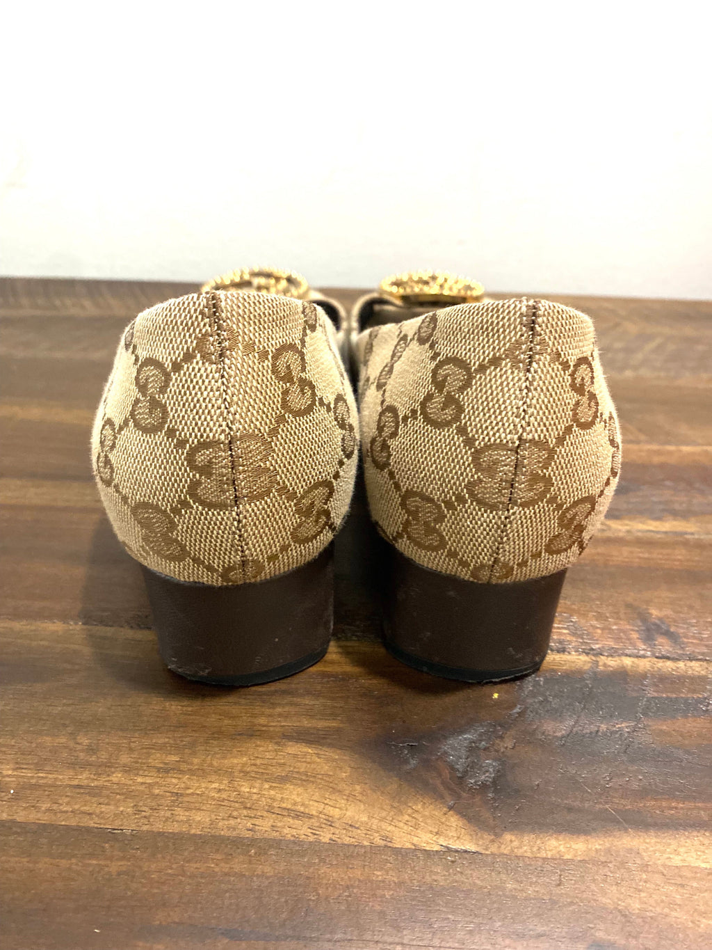 GUCCI GG CANVAS LOGO PEEP TOE PUMPS