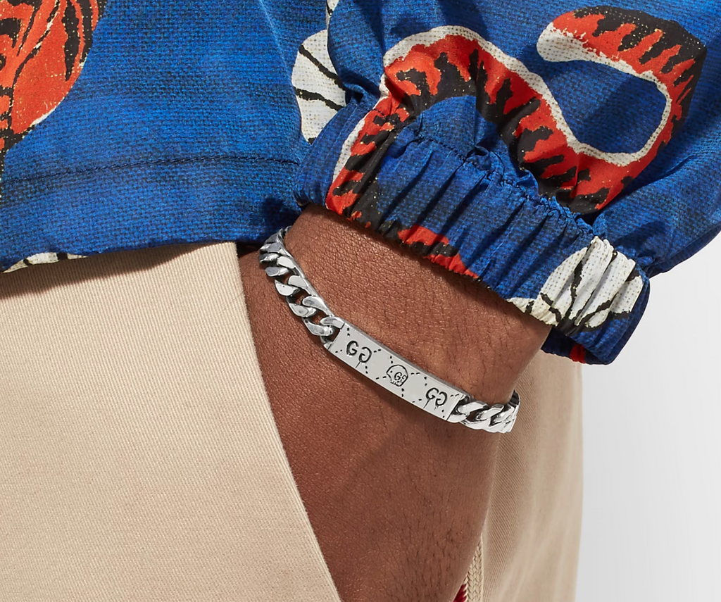 GUCCI GHOST ENGRAVED STERLING SILVER ID BRACELET
