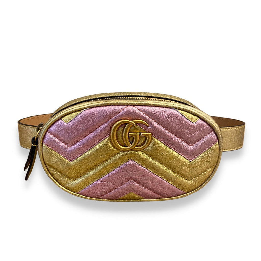 Gucci Gold Pink Metallic Matelassé Leather GG Marmont Belt Bag