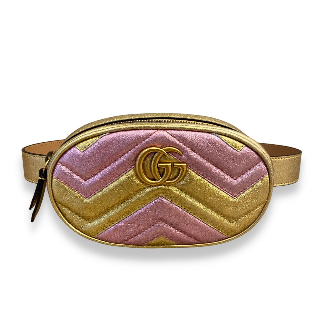 Gucci Gold Pink Metallic Matelassé Leather GG Marmont Belt Bag