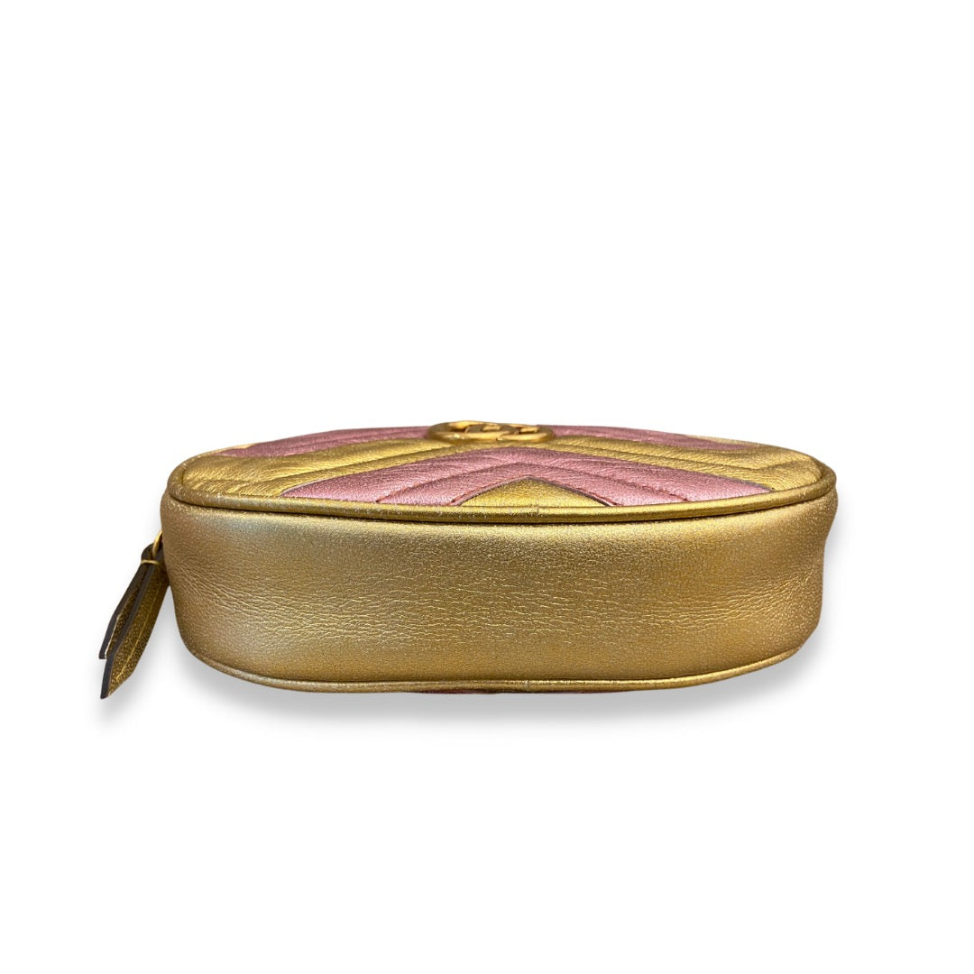 Gucci Gold Pink Metallic Matelassé Leather GG Marmont Belt Bag