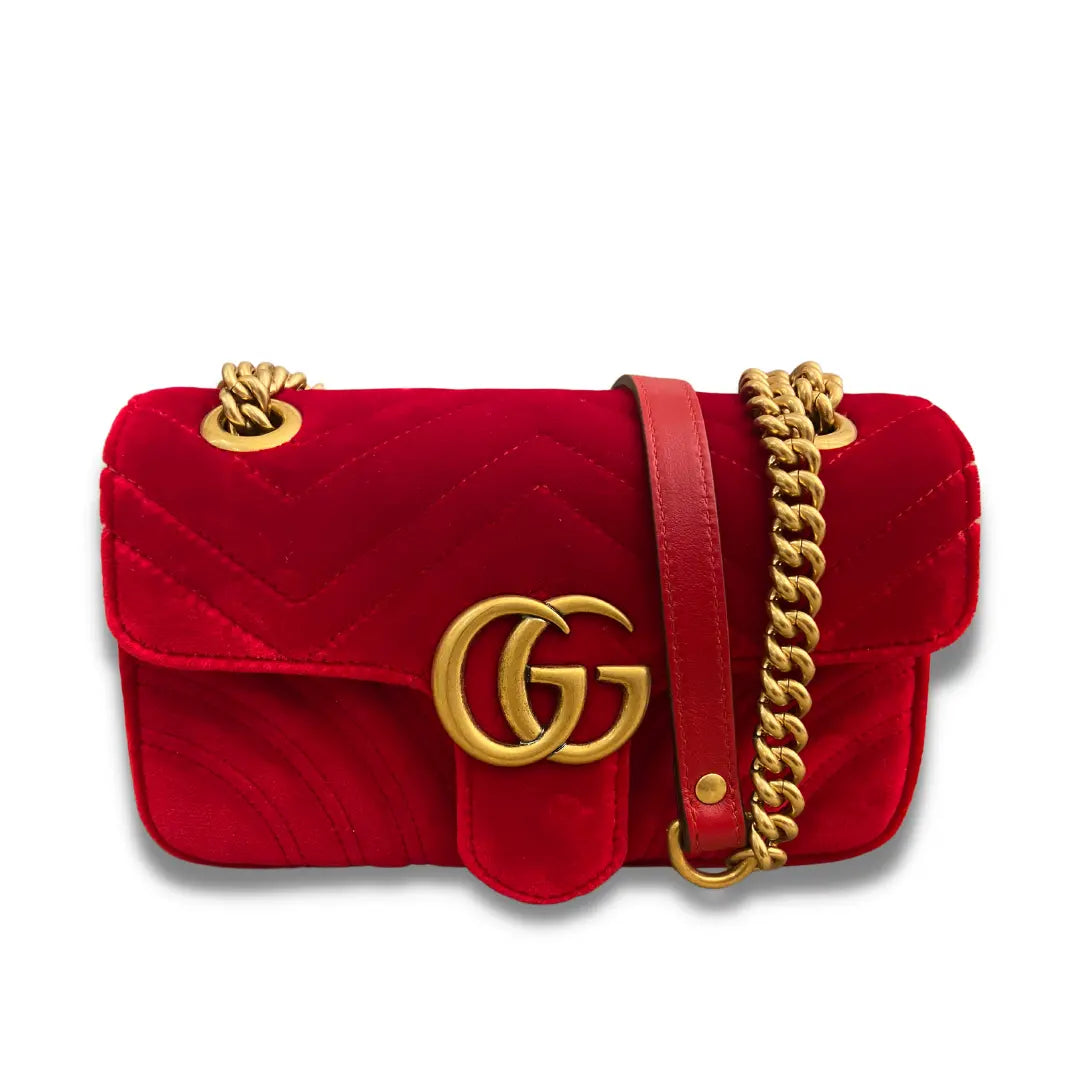 Gucci Red Metalassé Velvet GG Marmont Bag