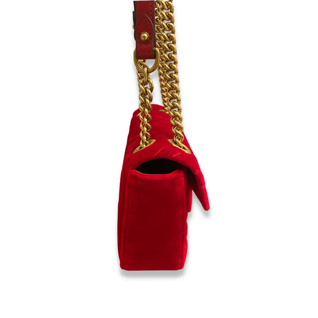 Gucci Red Metalassé Velvet GG Marmont Bag