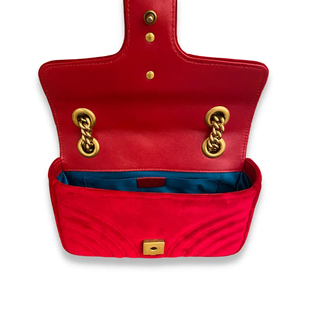 Gucci Red Metalassé Velvet GG Marmont Bag
