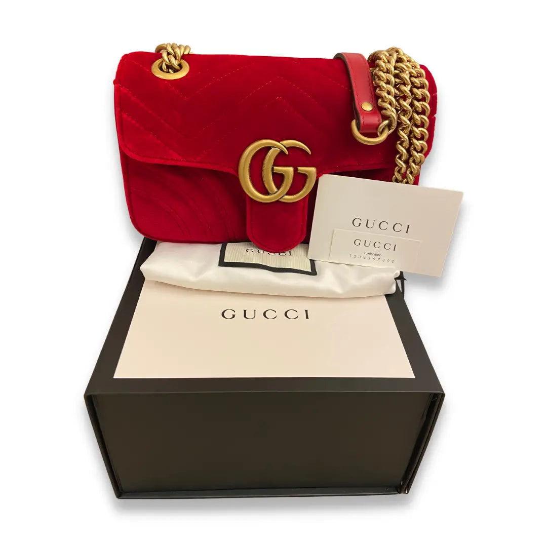 Gucci Red Metalassé Velvet GG Marmont Bag